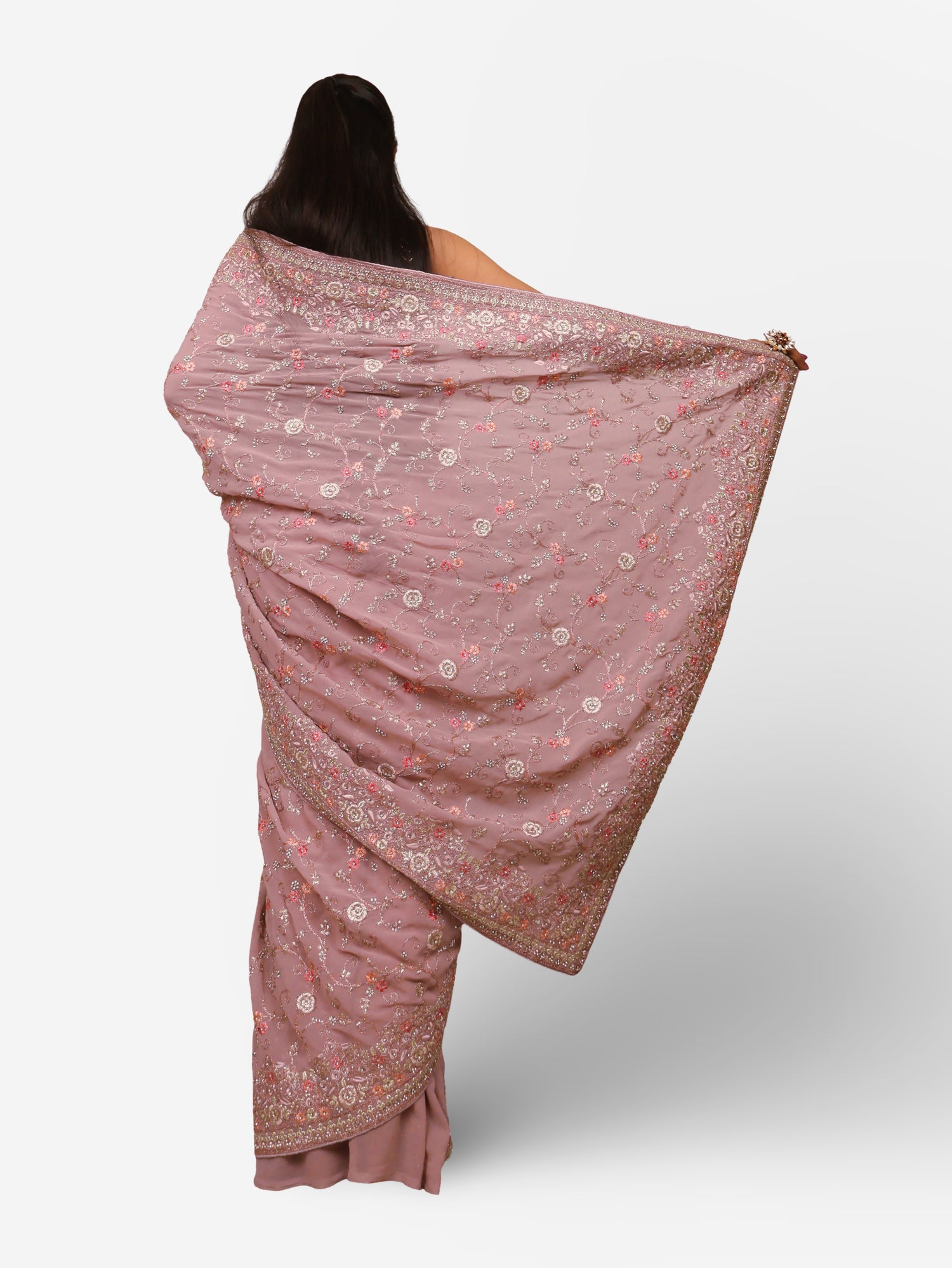 Designer Saree with Heavy Embroidery & Zari Thread Work by Shreekama Onion Designer Sarees for Party Festival Wedding Occasion in Noida