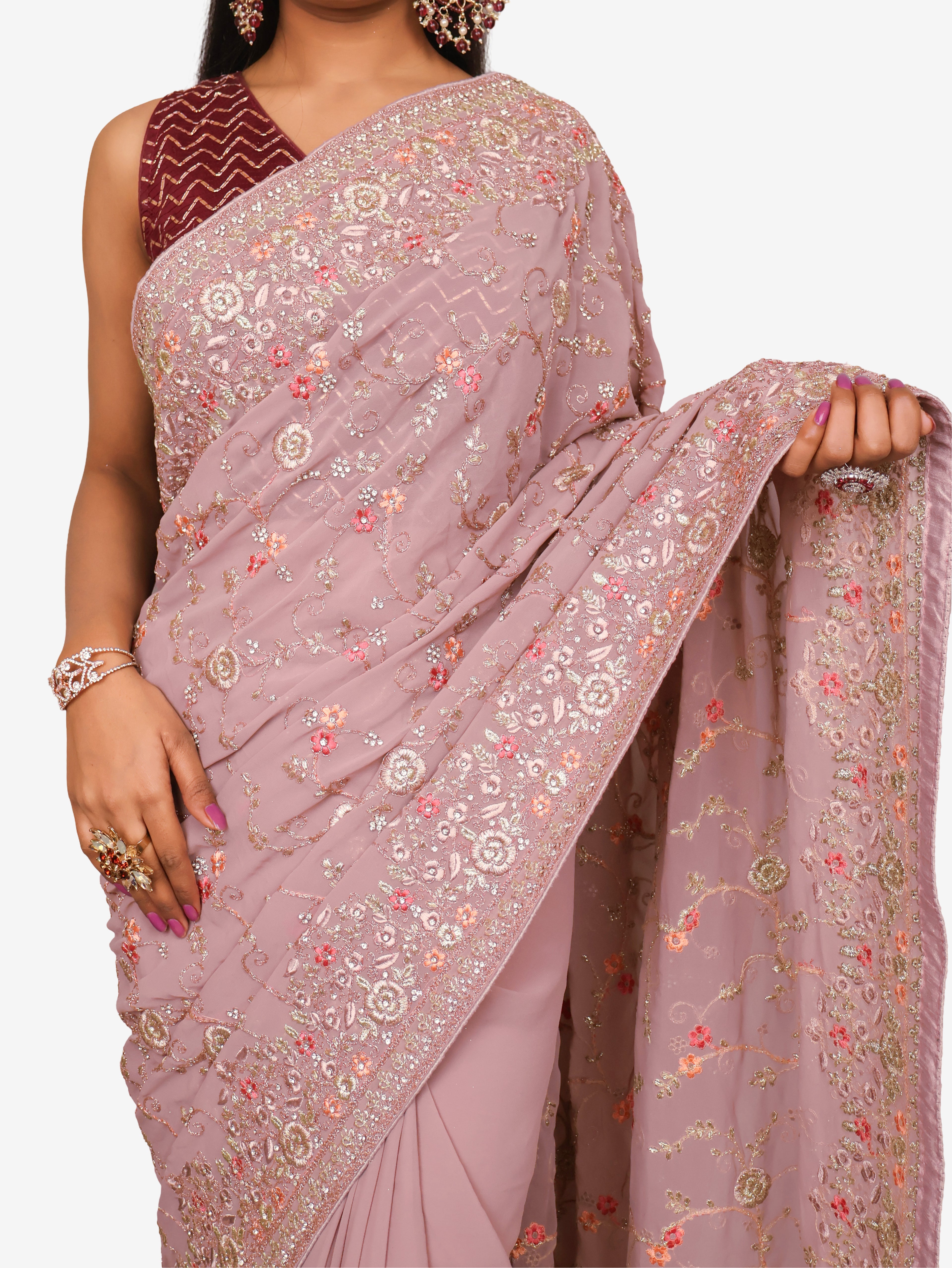 Designer Saree with Heavy Embroidery & Zari Thread Work by Shreekama Onion Designer Sarees for Party Festival Wedding Occasion in Noida