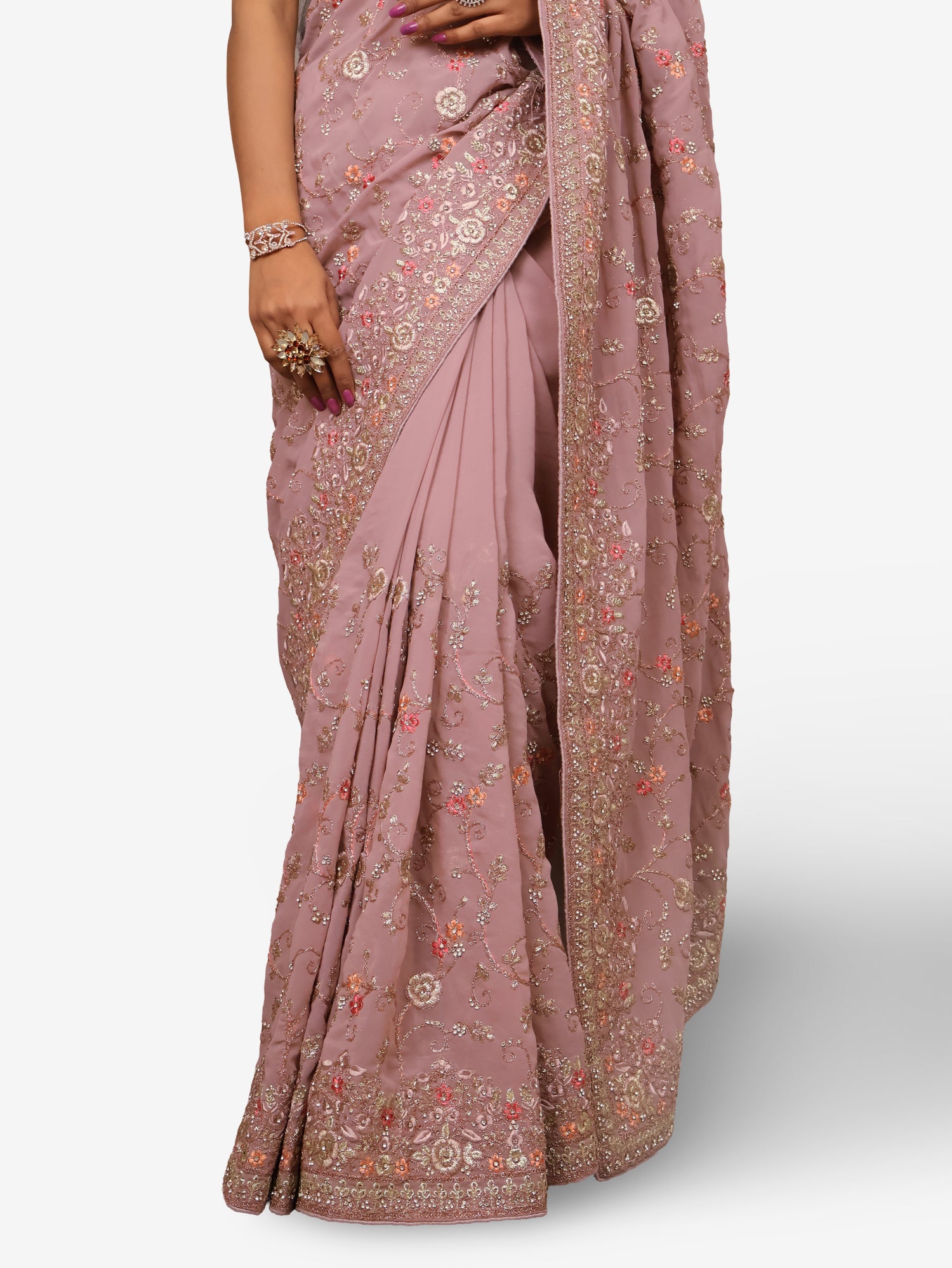 Designer Saree with Heavy Embroidery & Zari Thread Work by Shreekama Onion Designer Sarees for Party Festival Wedding Occasion in Noida