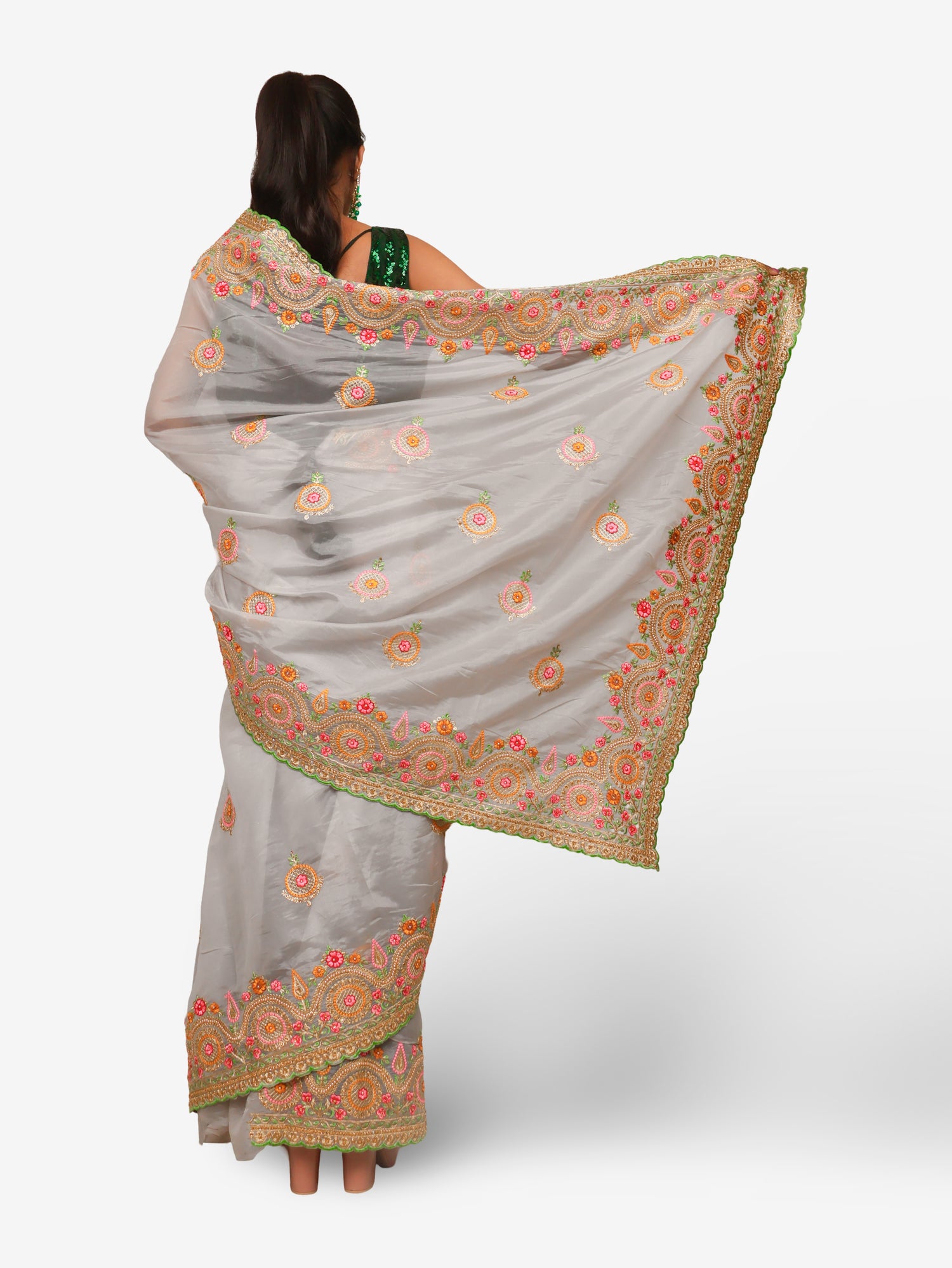 Designer Saree with Embroidery & Zari Thread Work by Shreekama Grey Designer Sarees for Party Festival Wedding Occasion in Noida