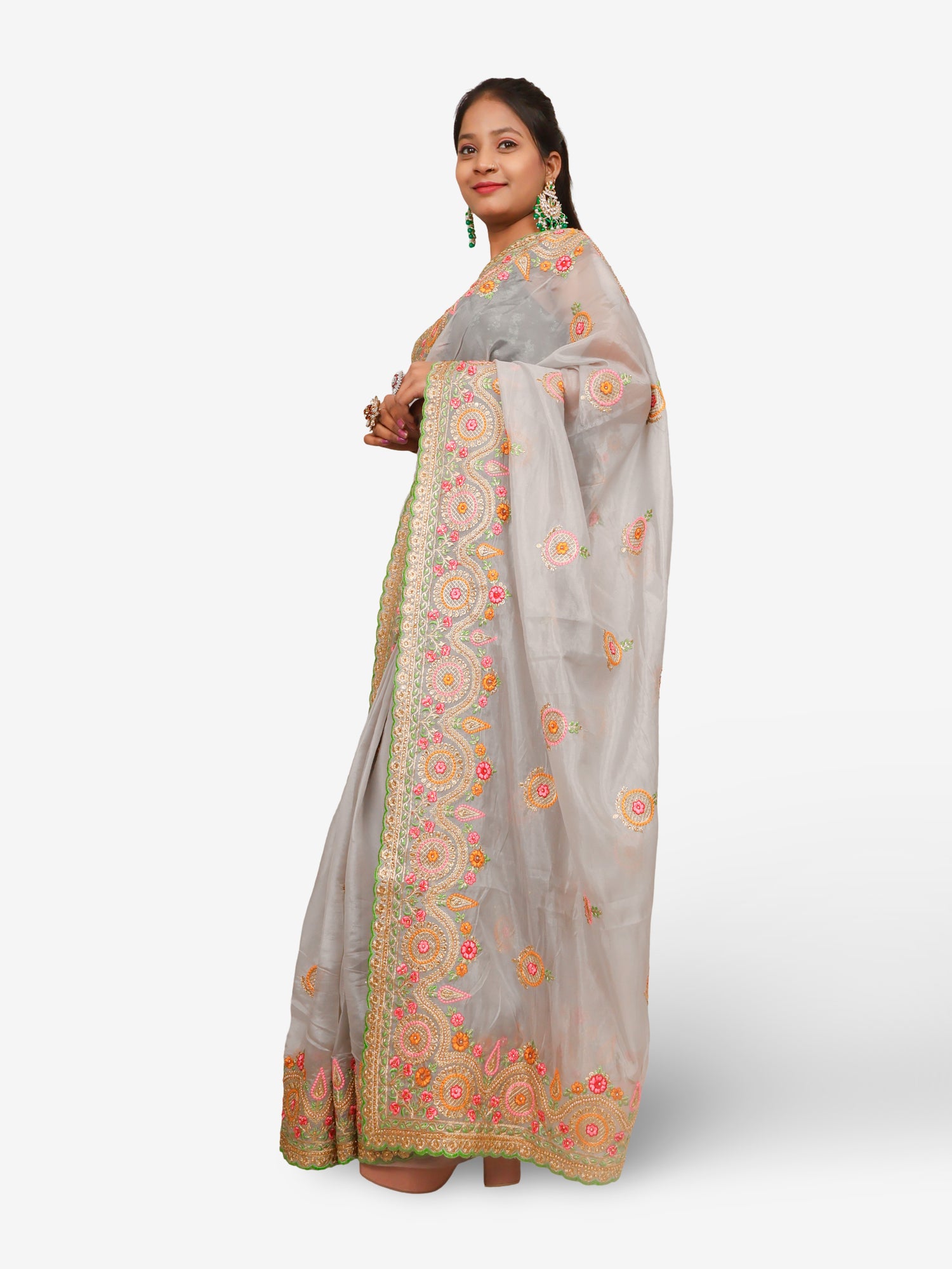 Designer Saree with Embroidery & Zari Thread Work by Shreekama Grey Designer Sarees for Party Festival Wedding Occasion in Noida