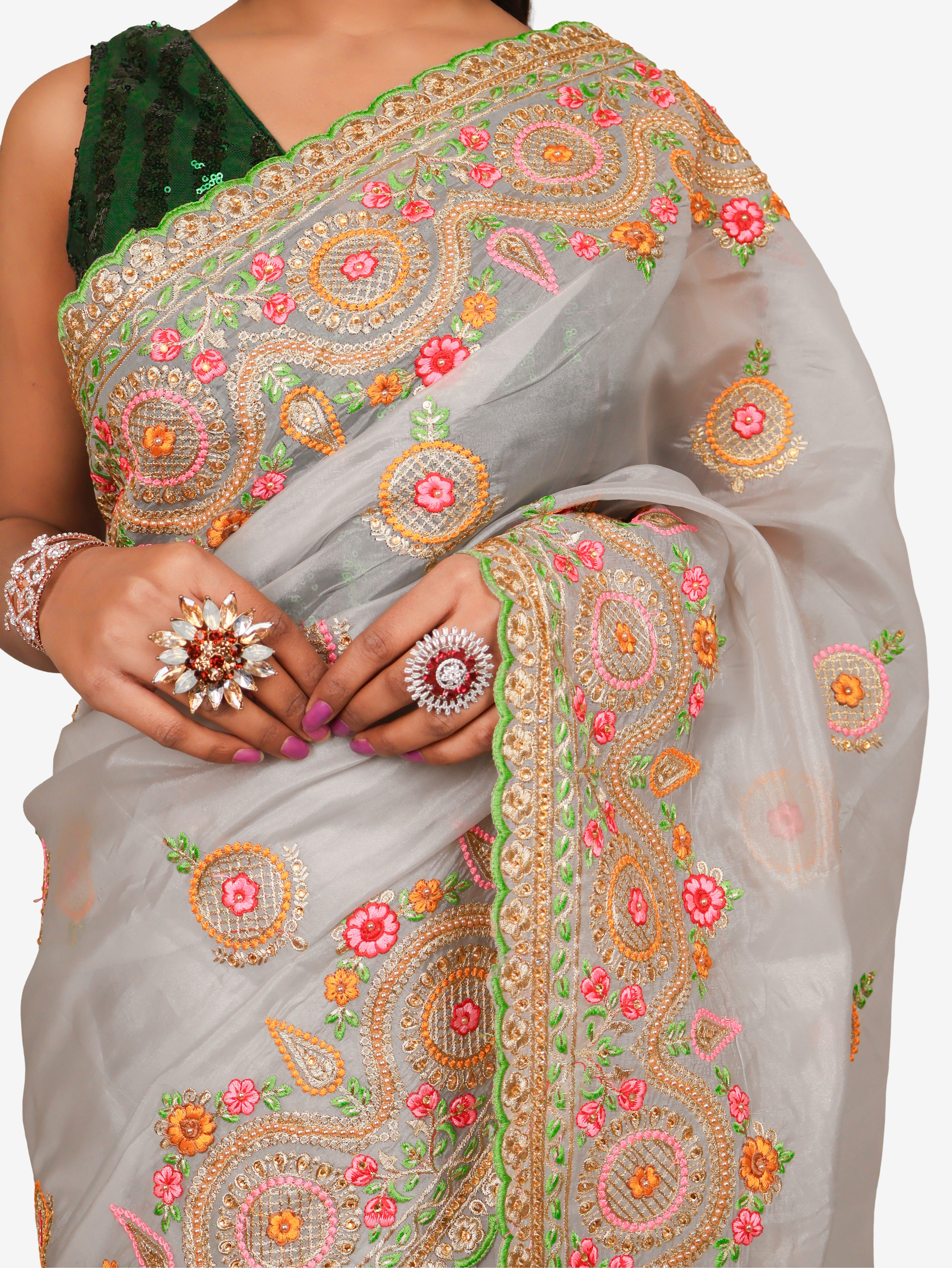 Designer Saree with Embroidery & Zari Thread Work by Shreekama Grey Designer Sarees for Party Festival Wedding Occasion in Noida