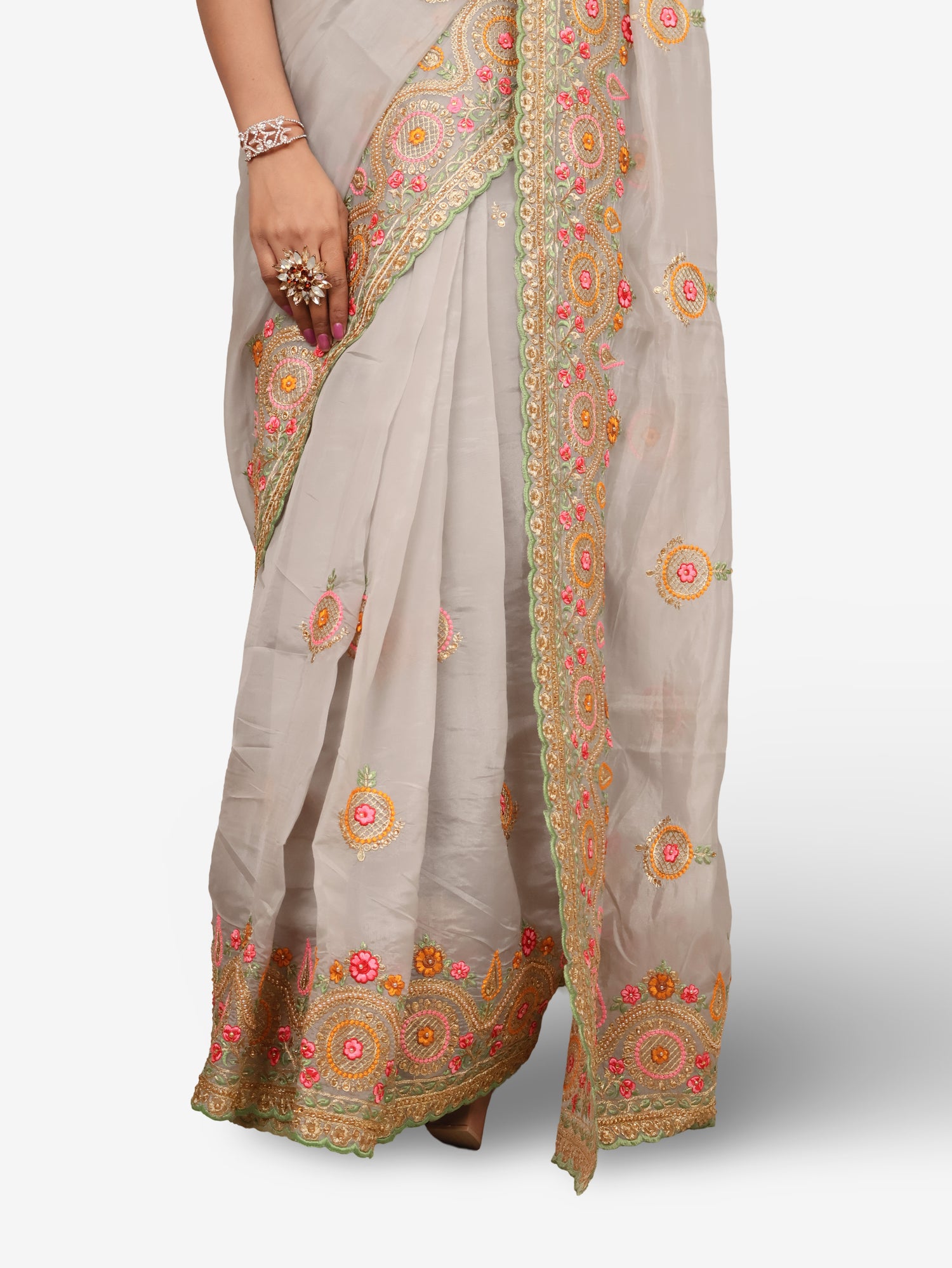 Designer Saree with Embroidery & Zari Thread Work by Shreekama Grey Designer Sarees for Party Festival Wedding Occasion in Noida