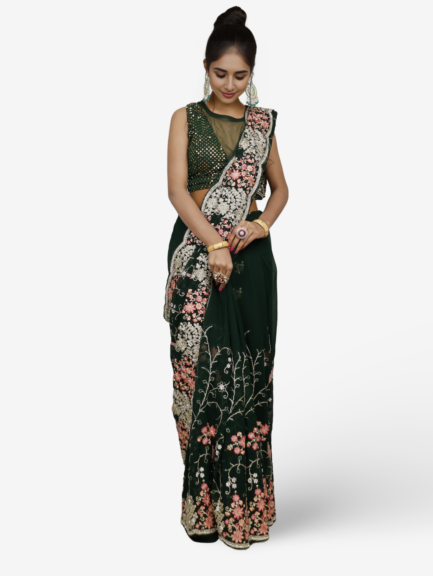 Designer Sarees with Thread & Stone Work Lightweight & Smooth texture by Shreekama Dark Green Designer Sarees for Party Festival Wedding Occasion in Noida