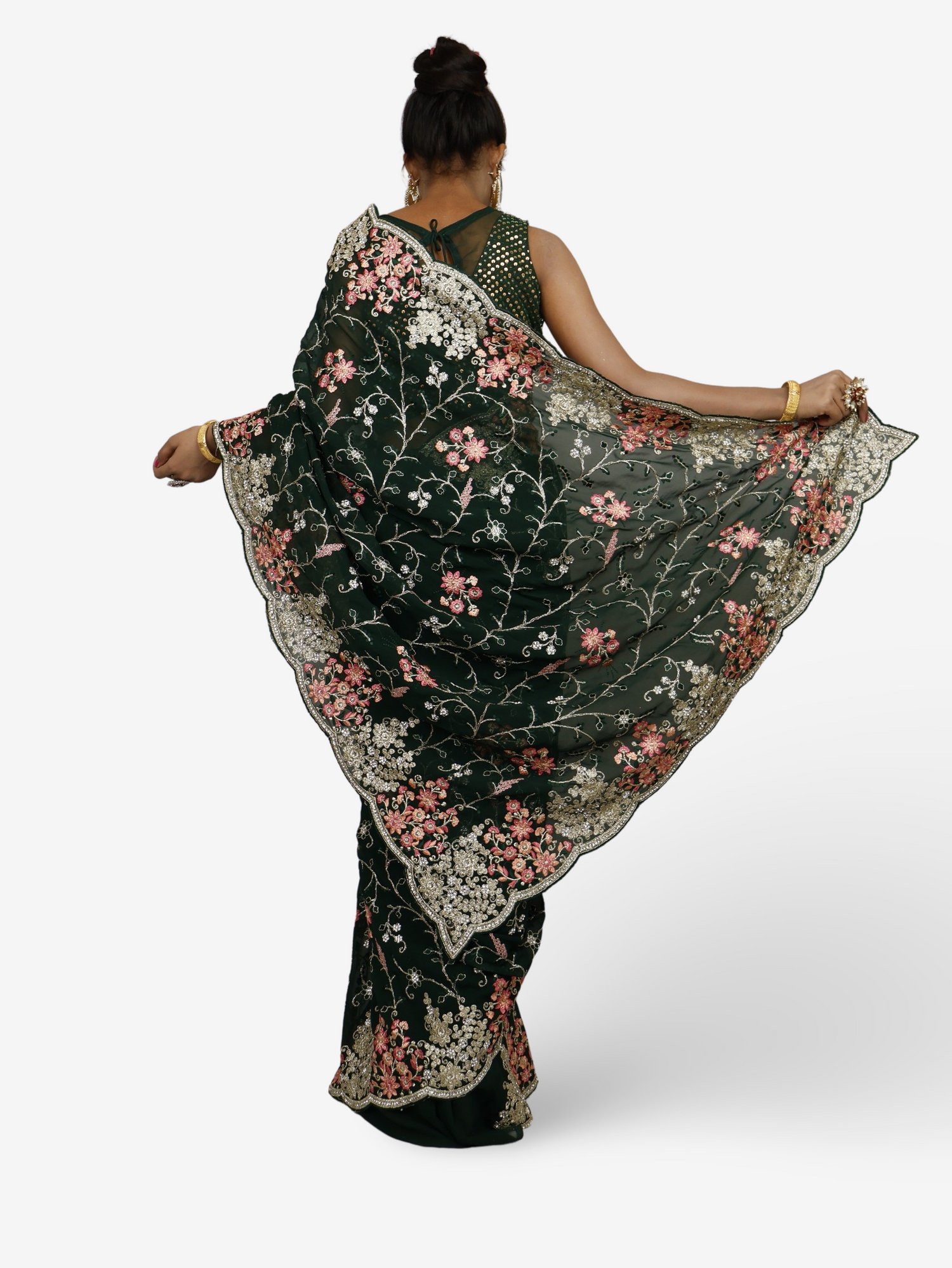 Designer Sarees with Thread & Stone Work Lightweight & Smooth texture by Shreekama Dark Green Designer Sarees for Party Festival Wedding Occasion in Noida