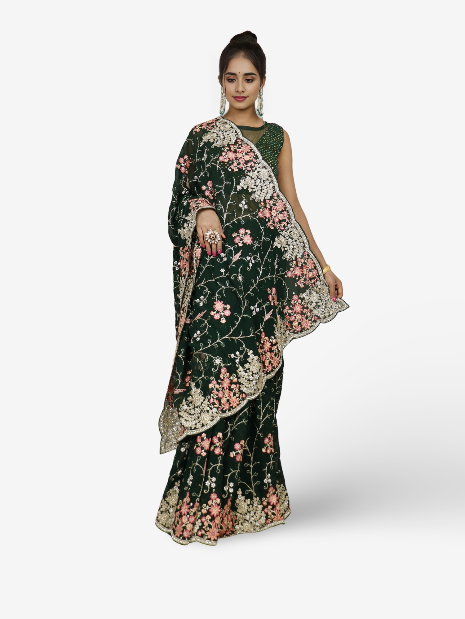 Designer Sarees with Thread & Stone Work Lightweight & Smooth texture by Shreekama Dark Green Designer Sarees for Party Festival Wedding Occasion in Noida