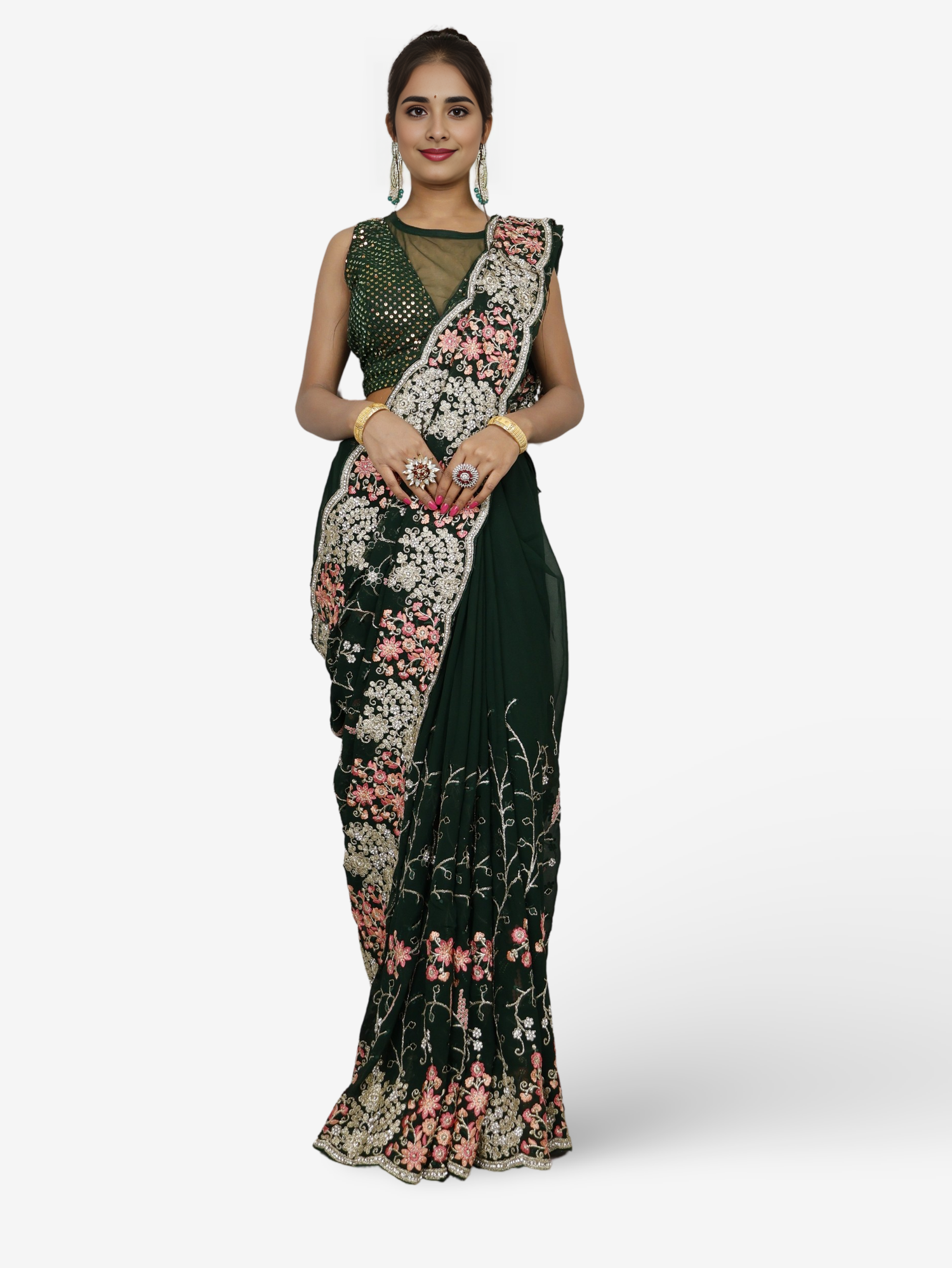 Designer Sarees with Thread & Stone Work Lightweight & Smooth texture by Shreekama Dark Green Designer Sarees for Party Festival Wedding Occasion in Noida