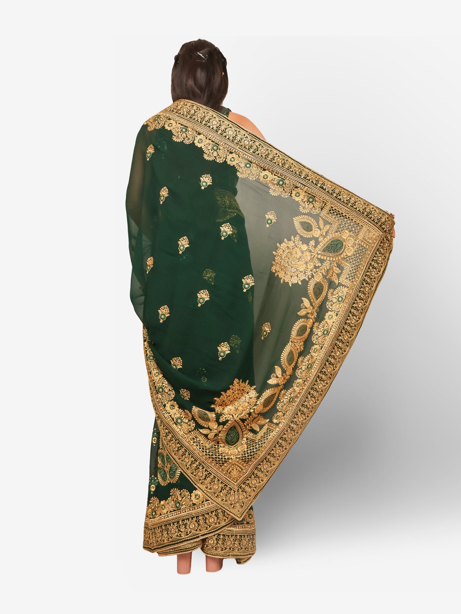 Designer Saree with Embroider & Zari Thread Work by Shreekama Dark Green Designer Sarees for Party Festival Wedding Occasion in Noida