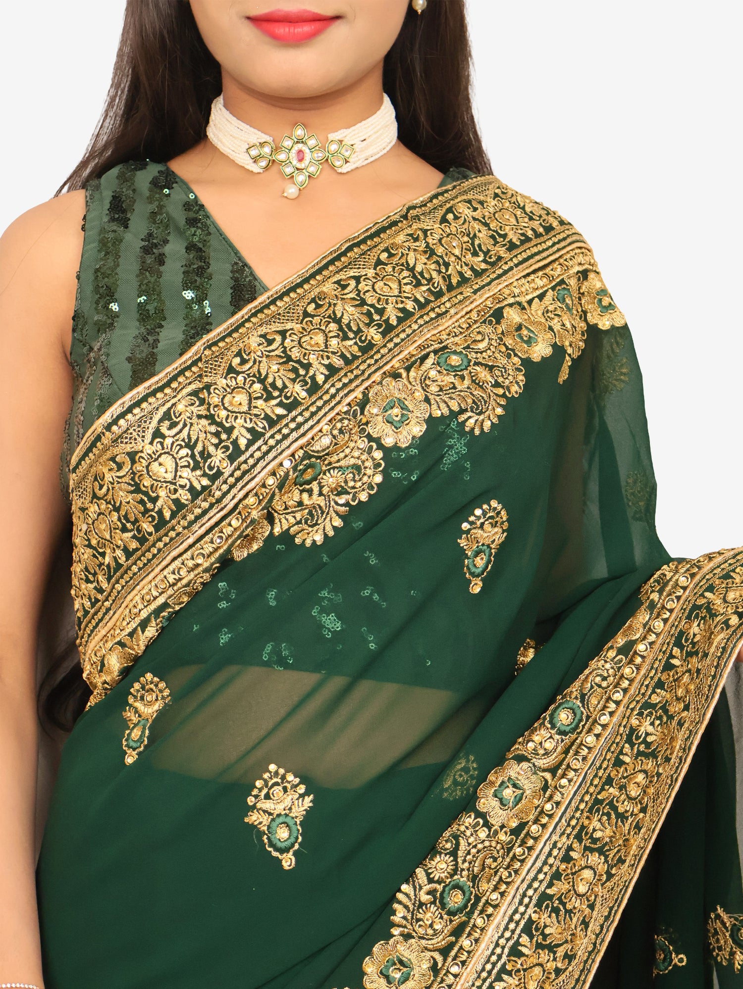 Designer Saree with Embroider & Zari Thread Work by Shreekama Dark Green Designer Sarees for Party Festival Wedding Occasion in Noida