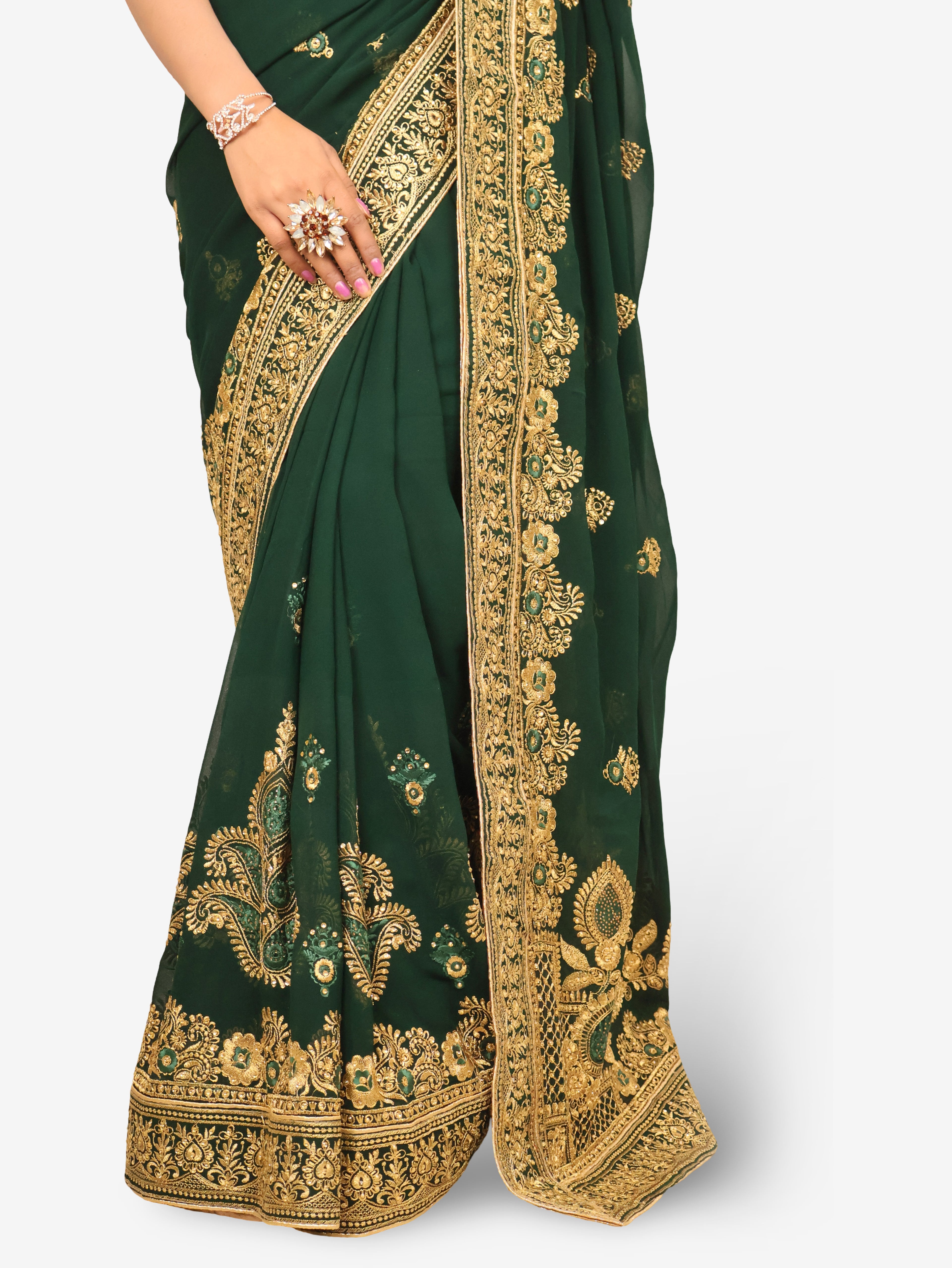 Designer Saree with Embroider & Zari Thread Work by Shreekama Dark Green Designer Sarees for Party Festival Wedding Occasion in Noida