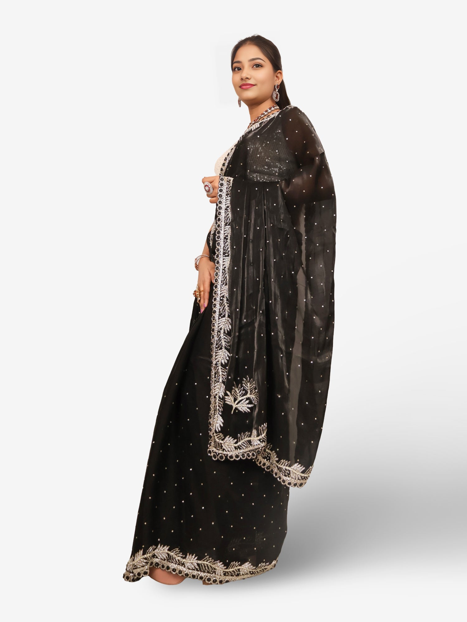 Designer Saree with Kundan & Beads work by Shreekama Black Designer Sarees for Party Festival Wedding Occasion in Noida