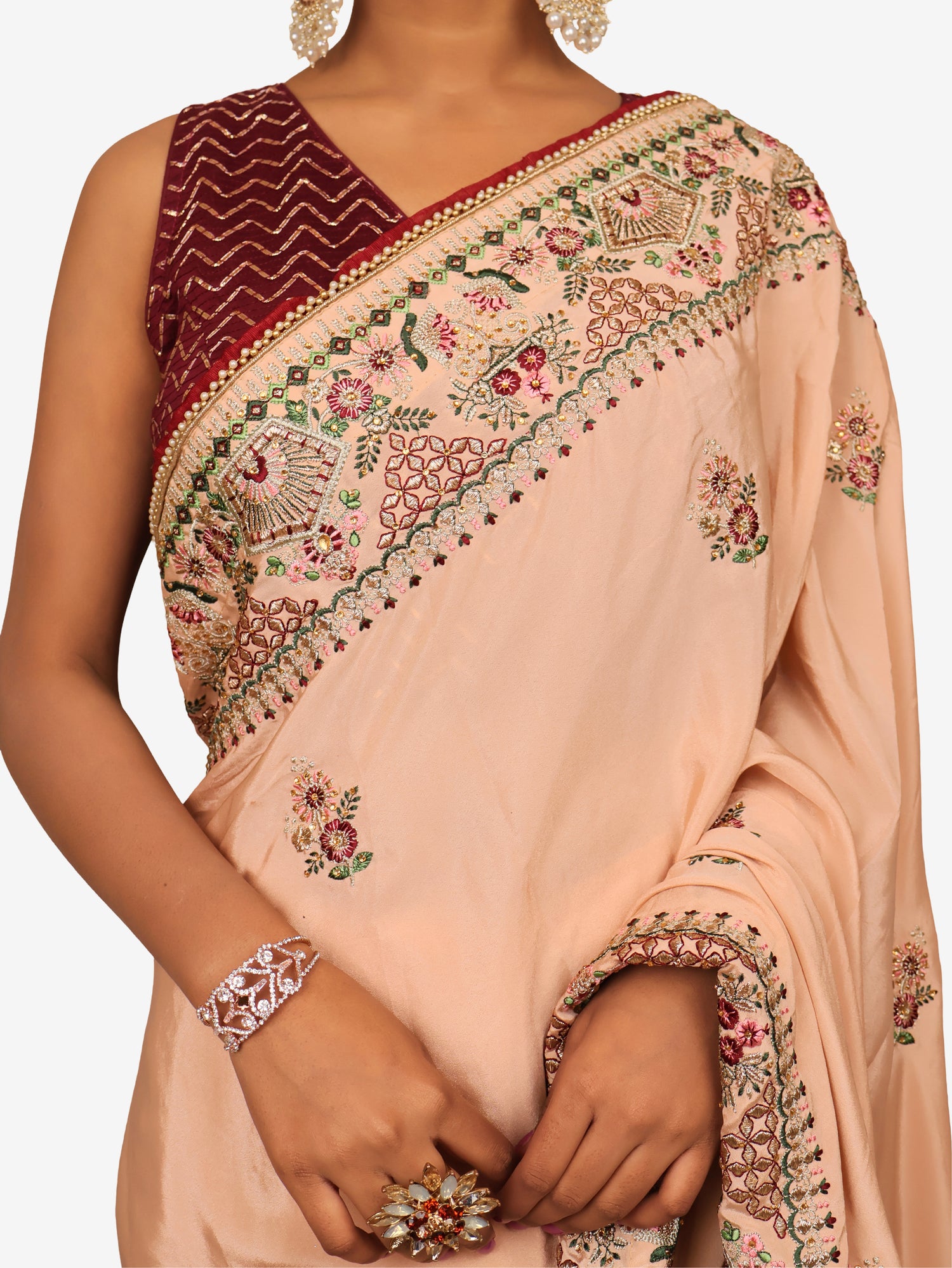 Designer Saree with Peark String on Pallu & Embroider Work by Shreekama Peach Designer Sarees for Party Festival Wedding Occasion in Noida