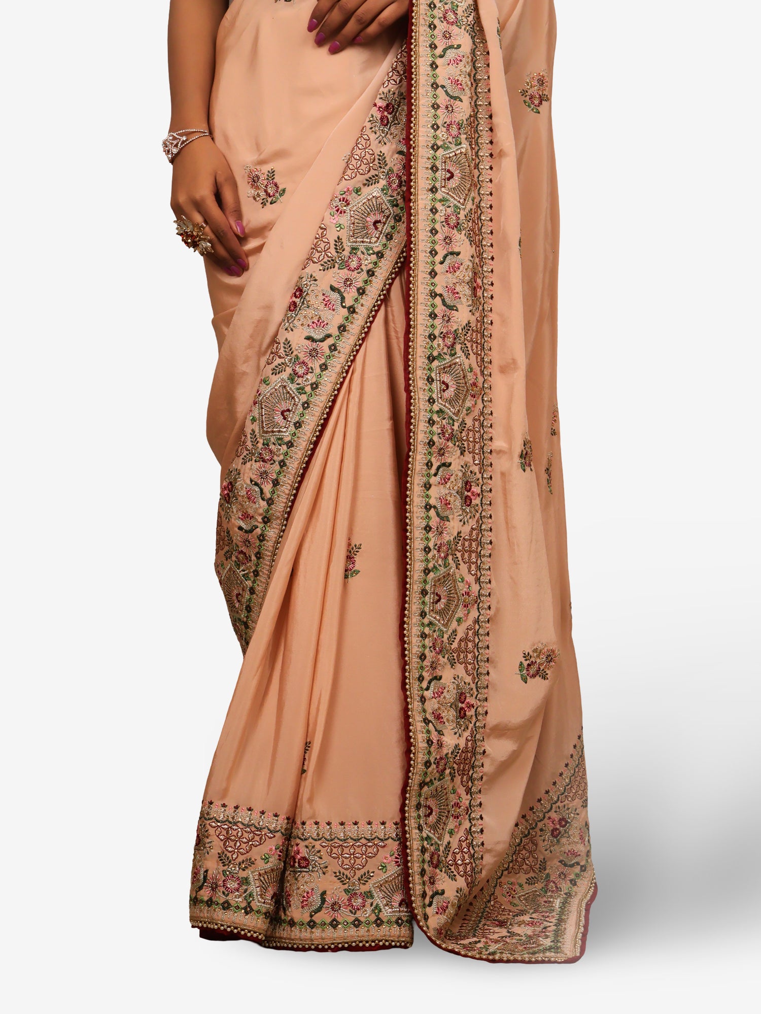 Designer Saree with Peark String on Pallu & Embroider Work by Shreekama Peach Designer Sarees for Party Festival Wedding Occasion in Noida