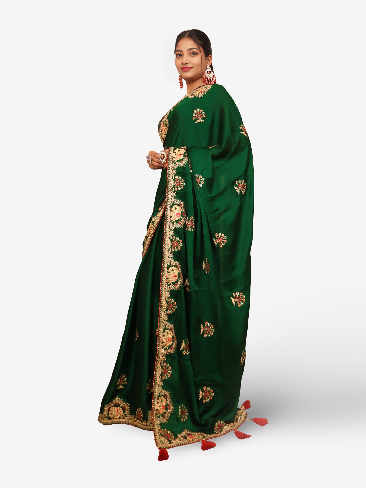 Designer Saree with Kundan & Embroidery Work by Shreekama Dark Green Designer Sarees for Party Festival Wedding Occasion in Noida