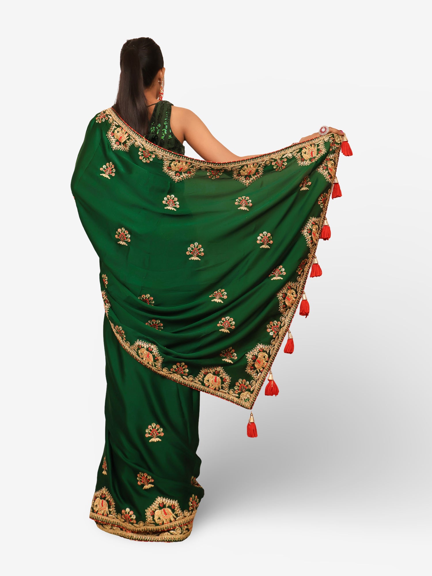 Designer Saree with Kundan & Embroidery Work by Shreekama Dark Green Designer Sarees for Party Festival Wedding Occasion in Noida