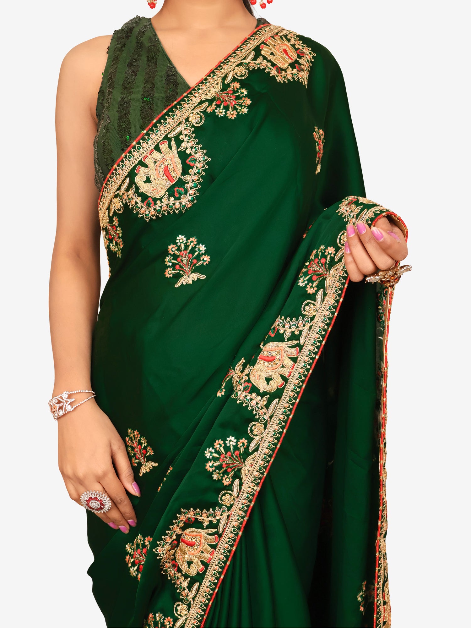 Designer Saree with Kundan & Embroidery Work by Shreekama Dark Green Designer Sarees for Party Festival Wedding Occasion in Noida