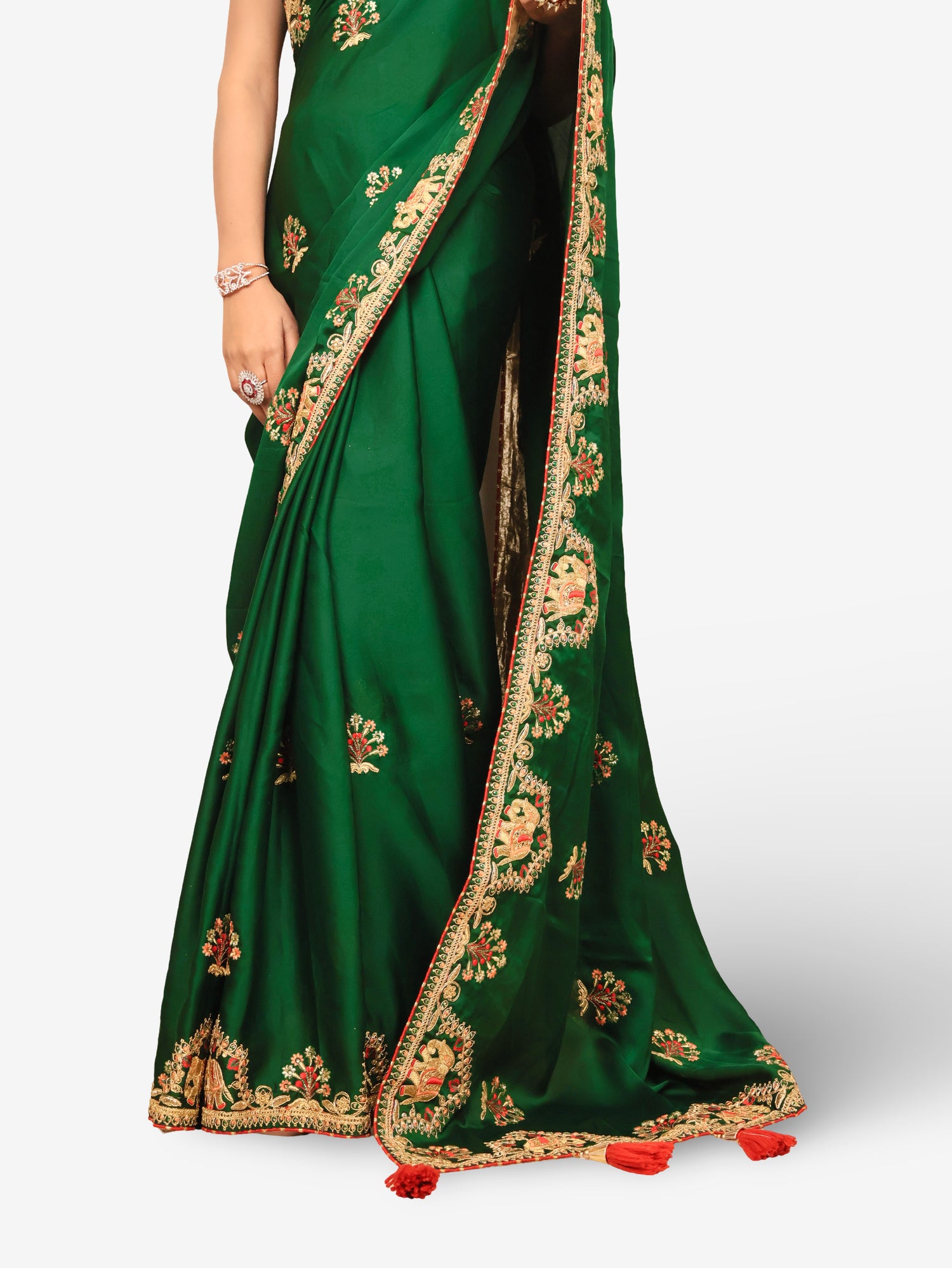 Designer Saree with Kundan & Embroidery Work by Shreekama Dark Green Designer Sarees for Party Festival Wedding Occasion in Noida