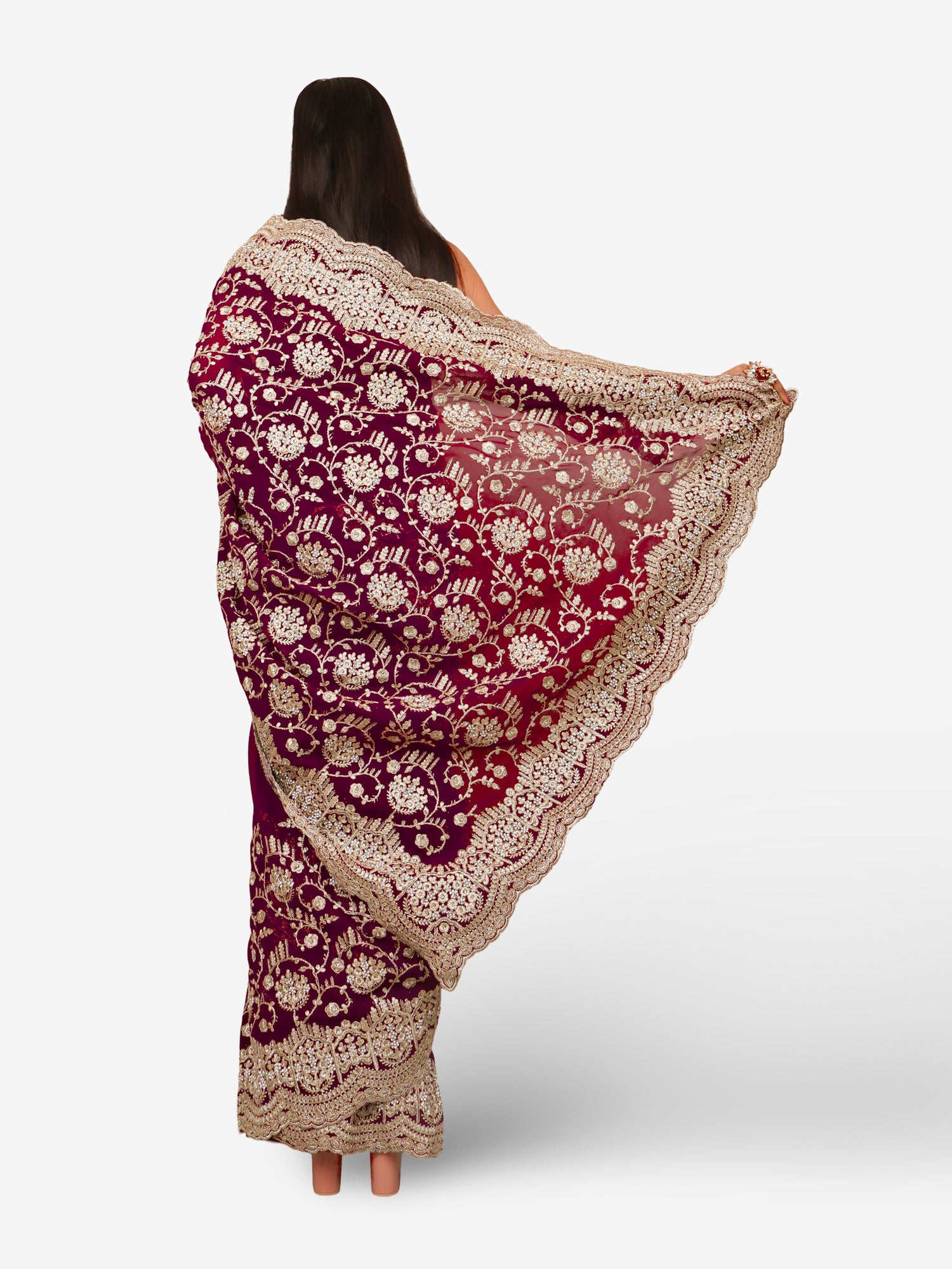 Designer Saree with Embroidery & Heavy Zari Thread Work by Shreekama Wine Designer Sarees for Party Festival Wedding Occasion in Noida