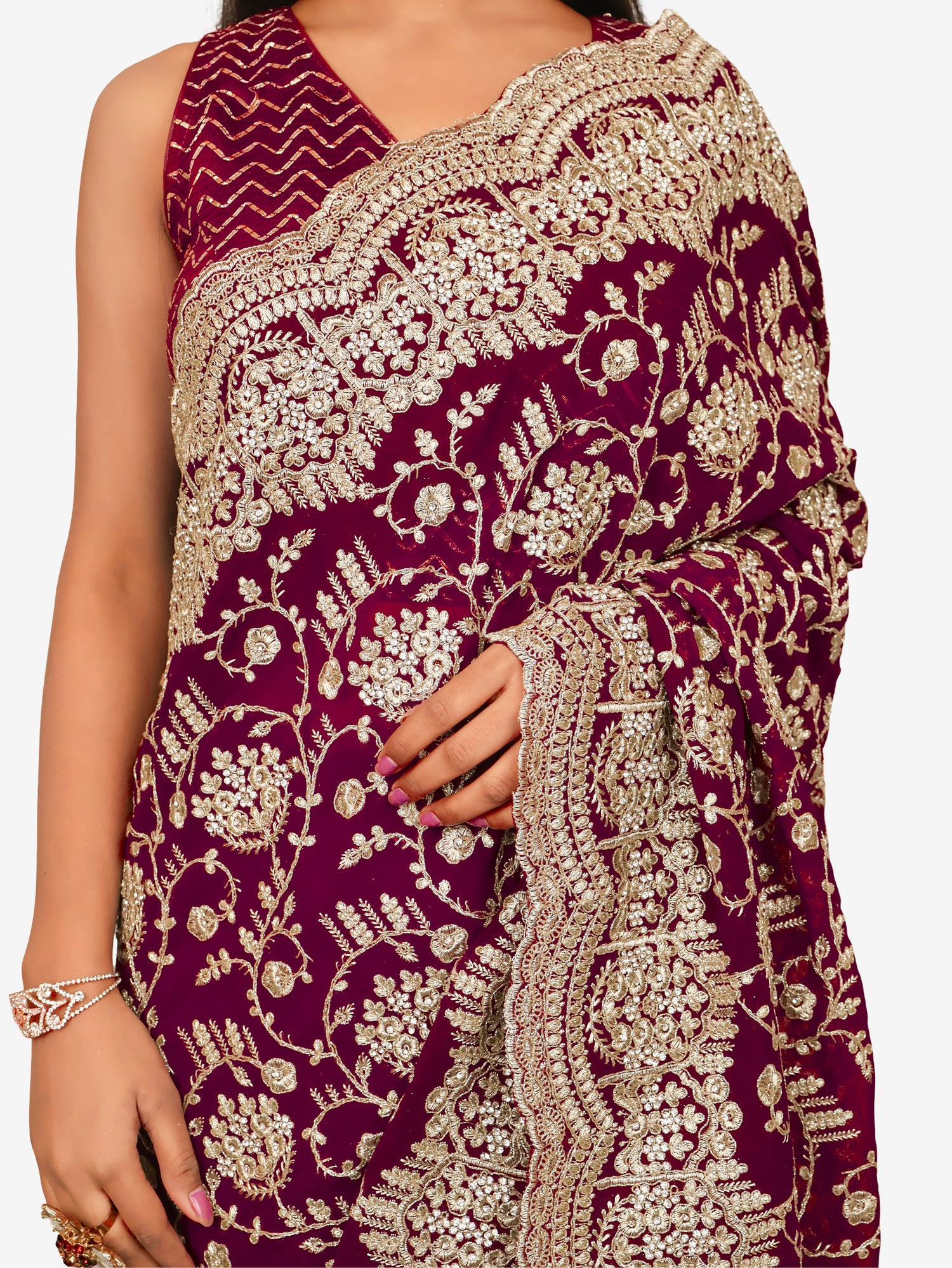 Designer Saree with Embroidery & Heavy Zari Thread Work by Shreekama Wine Designer Sarees for Party Festival Wedding Occasion in Noida