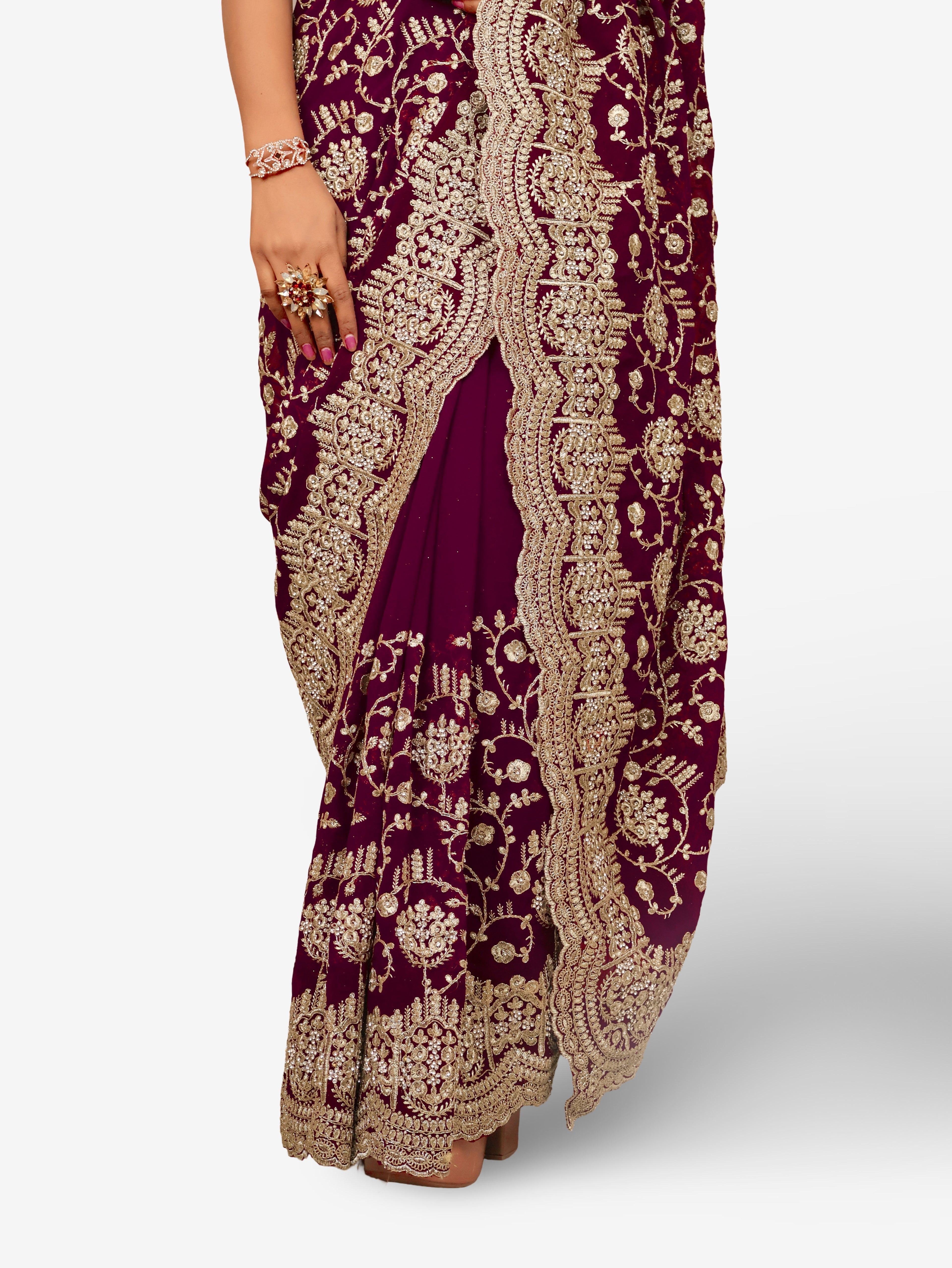 Designer Saree with Embroidery & Heavy Zari Thread Work by Shreekama Wine Designer Sarees for Party Festival Wedding Occasion in Noida