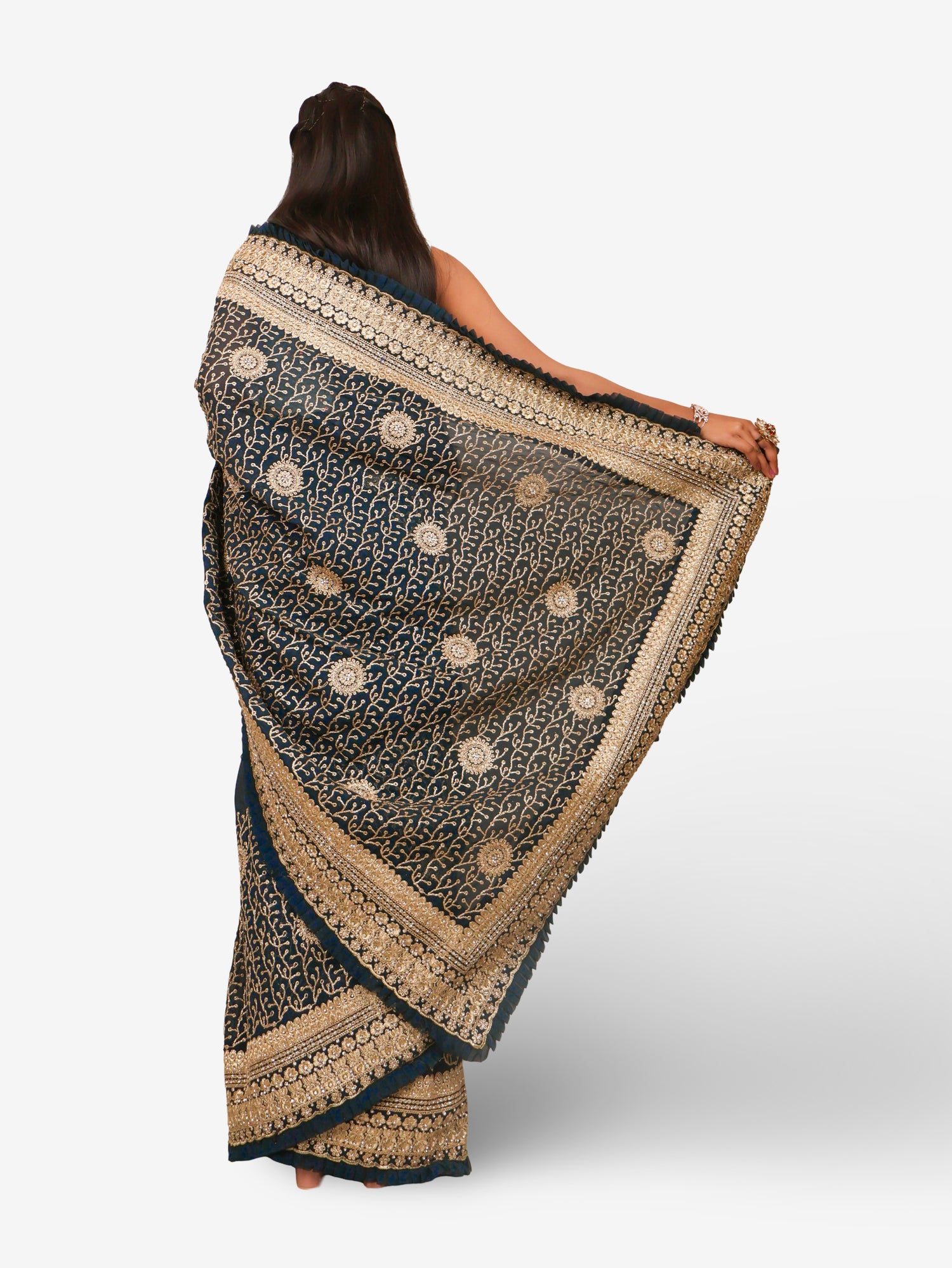 Designer Saree with Stone & Heavy Zari Work Embroidery Work by Shreekama Dark Blue Designer Sarees for Party Festival Wedding Occasion in Noida