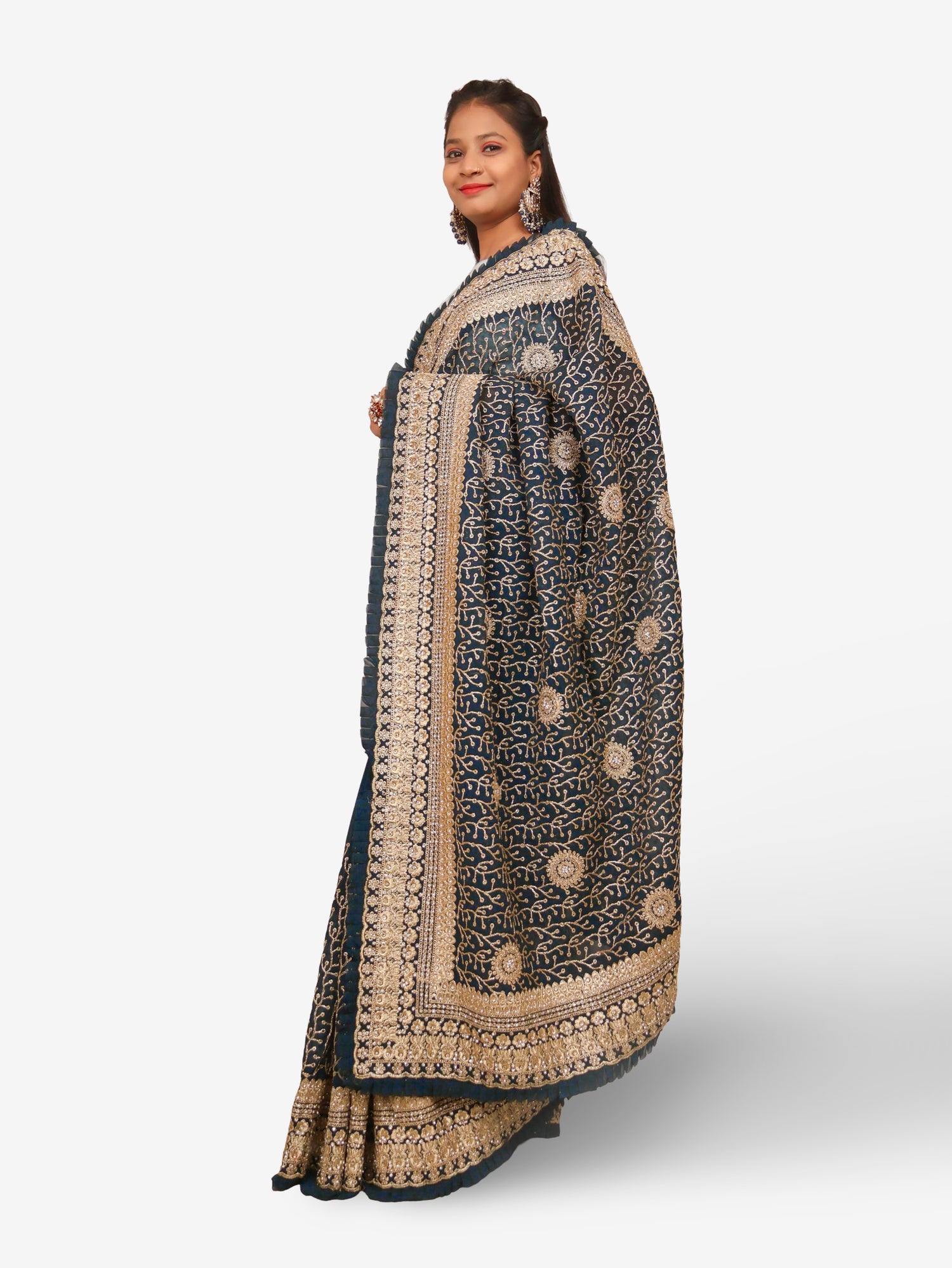 Designer Saree with Stone & Heavy Zari Work Embroidery Work by Shreekama Dark Blue Designer Sarees for Party Festival Wedding Occasion in Noida