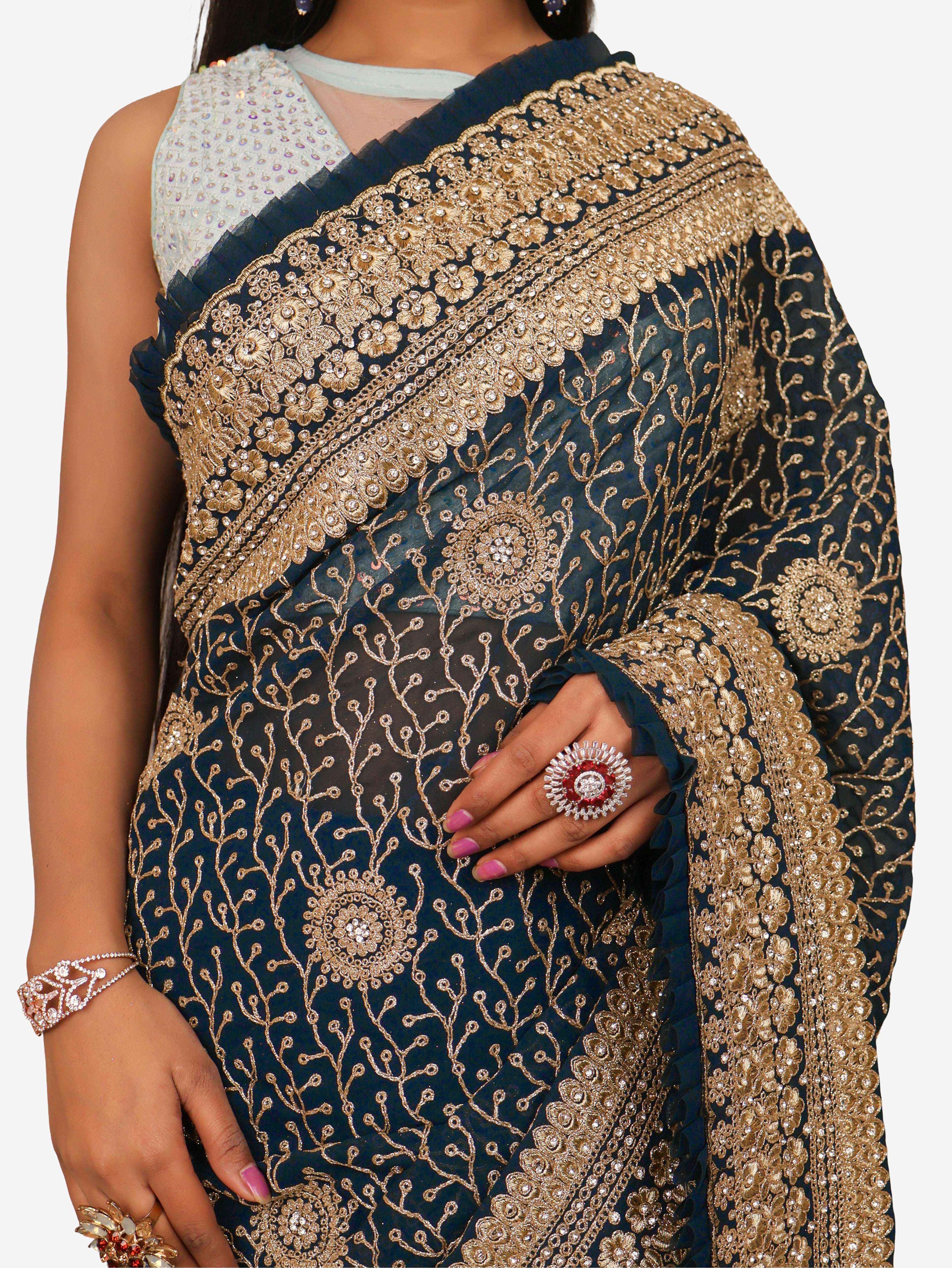 Designer Saree with Stone & Heavy Zari Work Embroidery Work by Shreekama Dark Blue Designer Sarees for Party Festival Wedding Occasion in Noida
