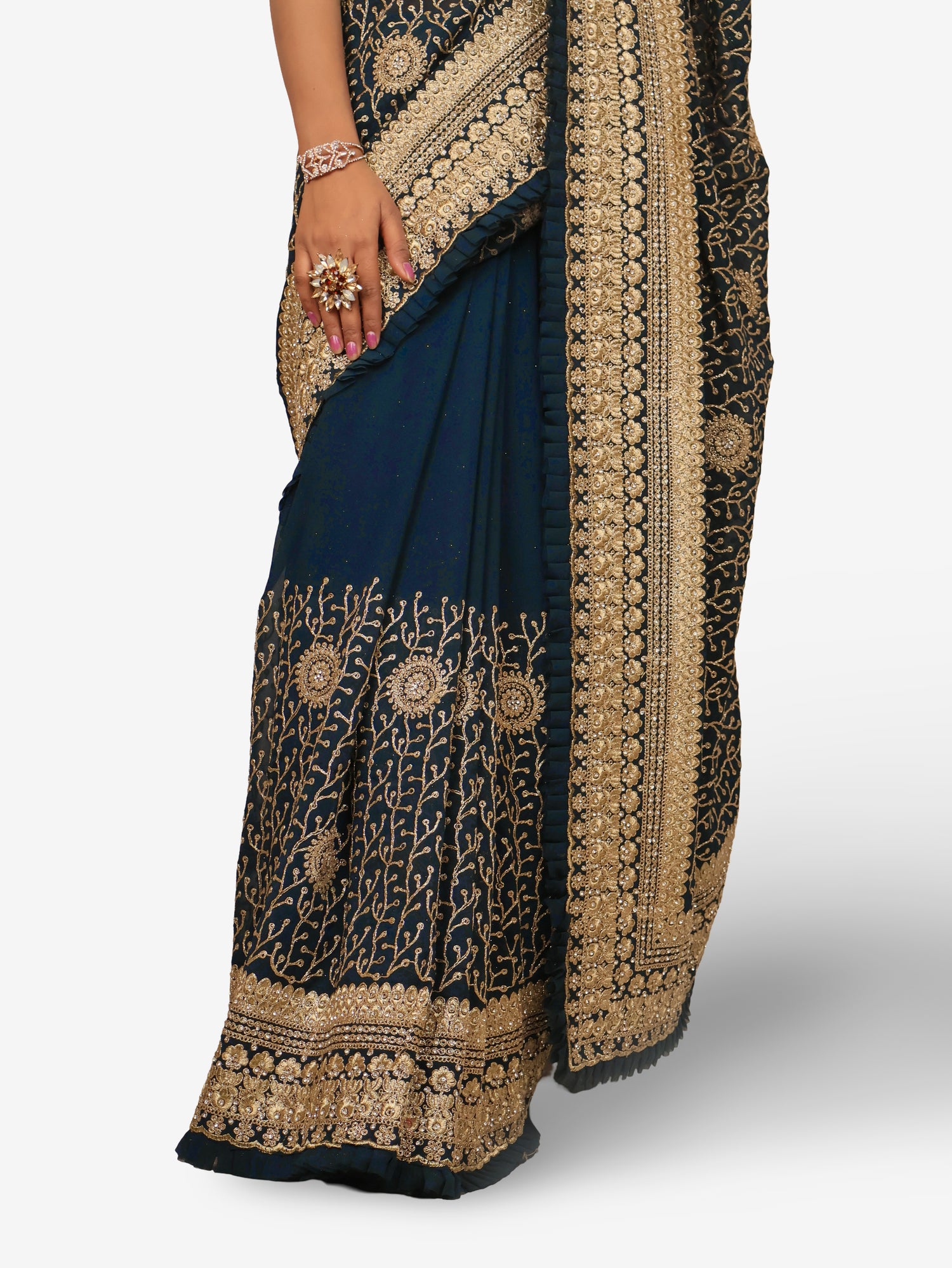 Designer Saree with Stone & Heavy Zari Work Embroidery Work by Shreekama Dark Blue Designer Sarees for Party Festival Wedding Occasion in Noida