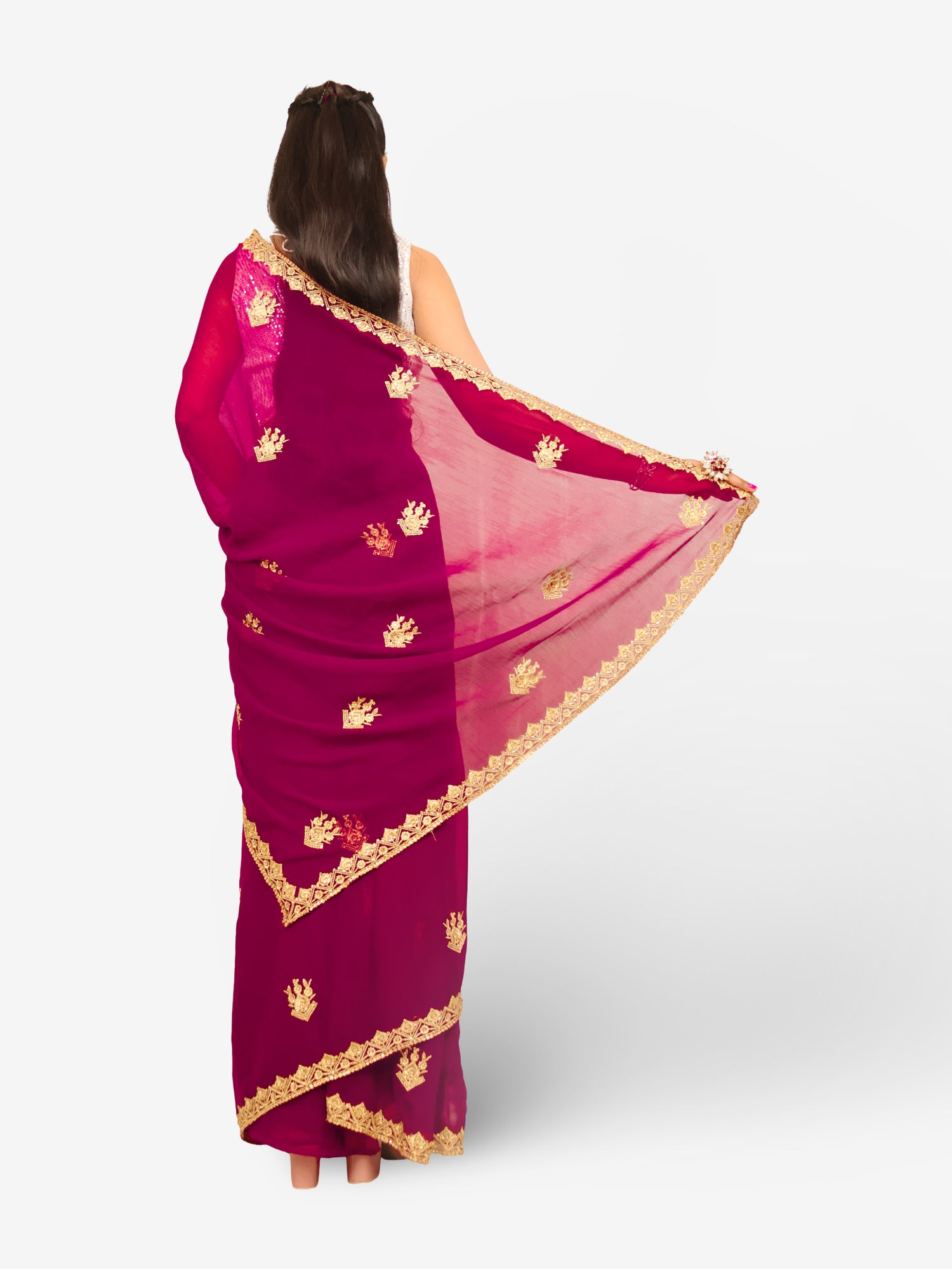 Designer Saree with Kundan & Zari Thread Work by Shreekama Wine Designer Sarees for Party Festival Wedding Occasion in Noida