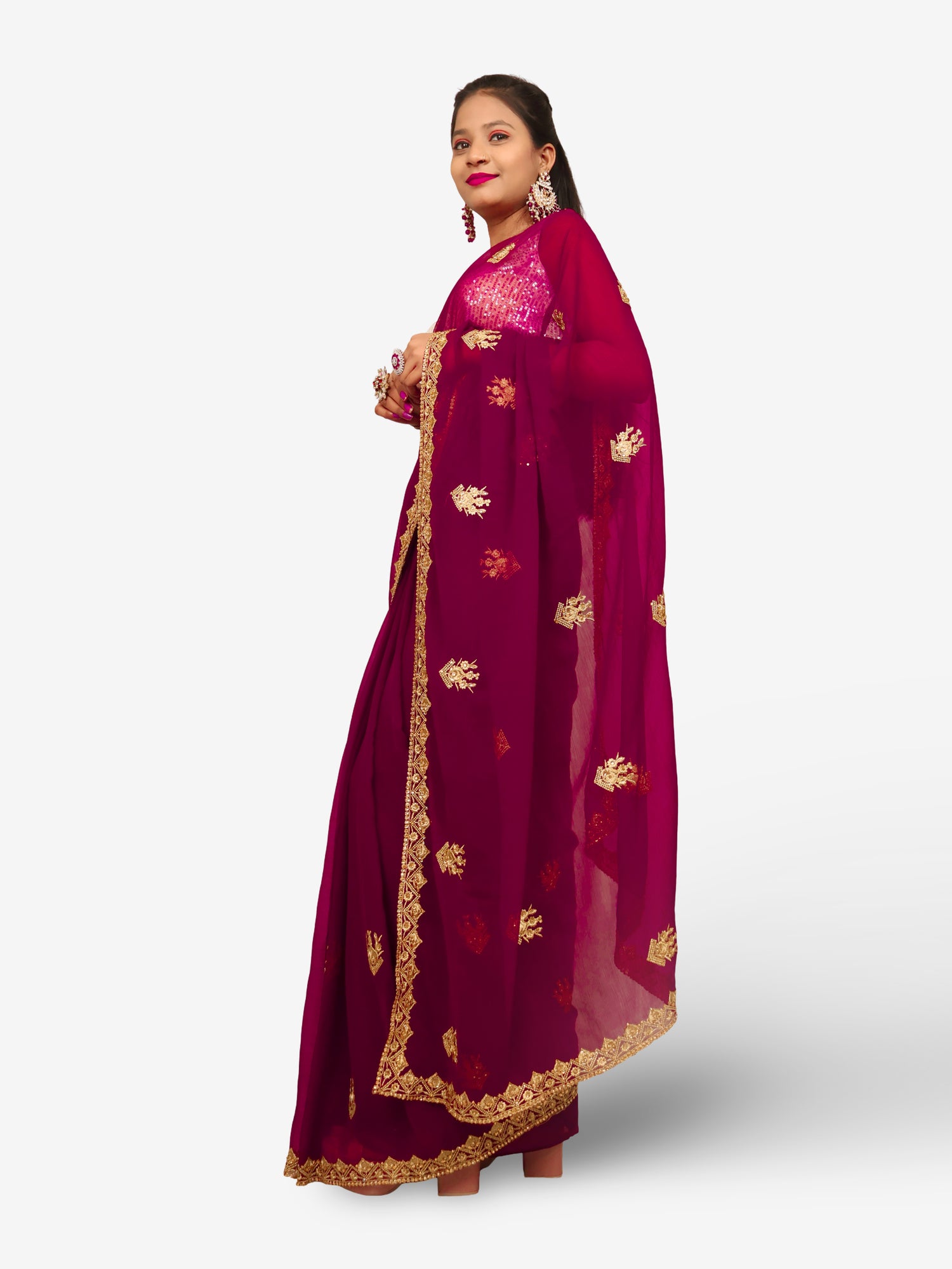 Designer Saree with Kundan & Zari Thread Work by Shreekama Wine Designer Sarees for Party Festival Wedding Occasion in Noida