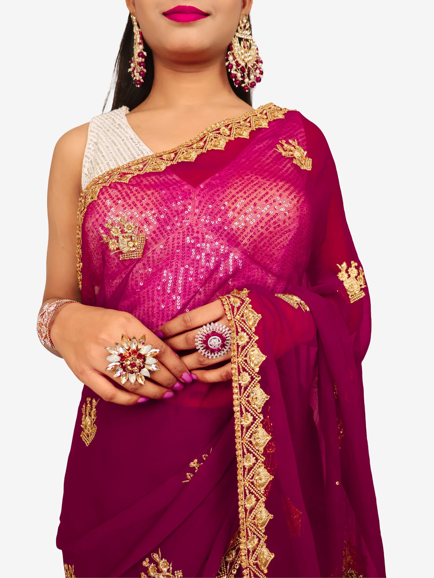 Designer Saree with Kundan & Zari Thread Work by Shreekama Wine Designer Sarees for Party Festival Wedding Occasion in Noida