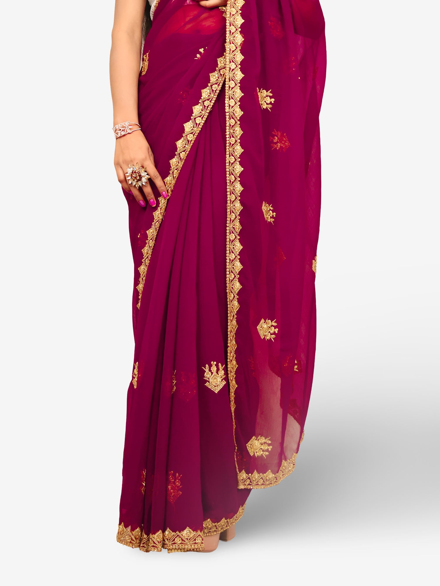 Designer Saree with Kundan & Zari Thread Work by Shreekama Wine Designer Sarees for Party Festival Wedding Occasion in Noida