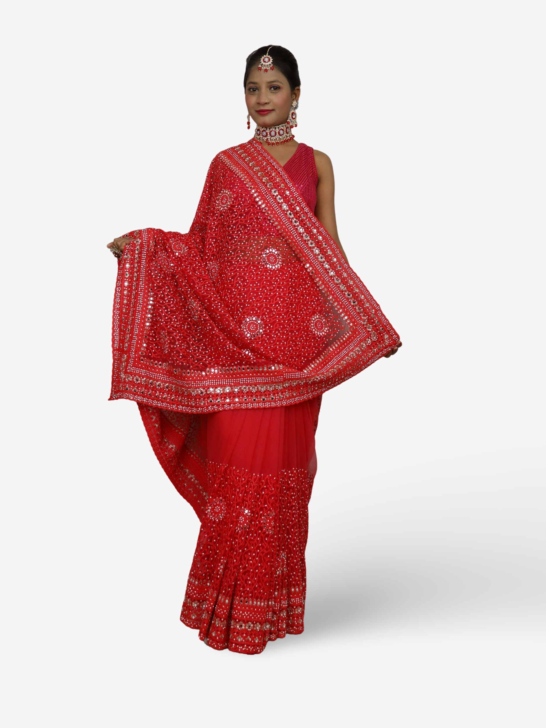 Designer Net Fabric Mirror & Stone Work Shreekama Red Designer Sarees for Party Festival Wedding Occasion in Noida