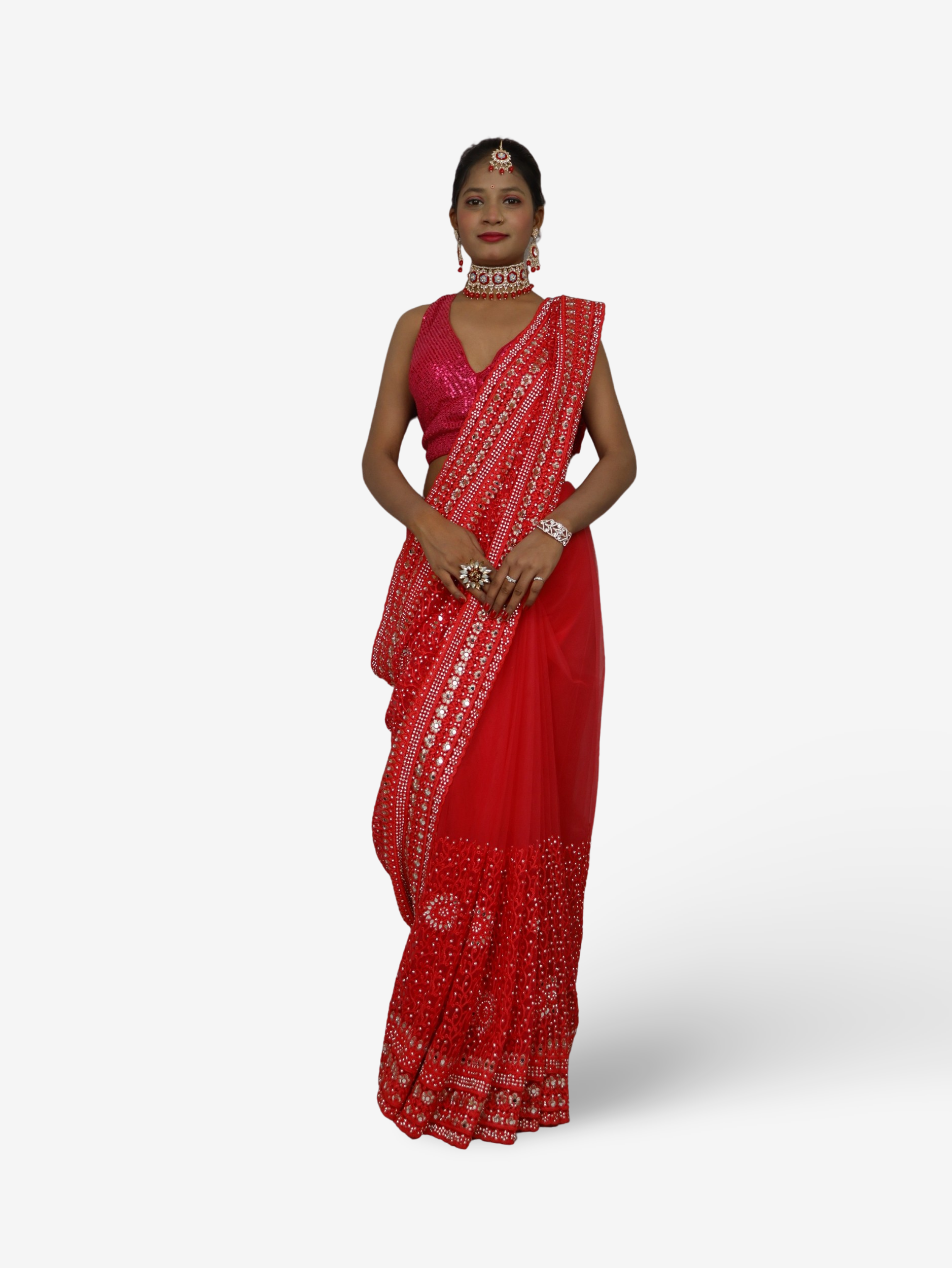 Designer Net Fabric Mirror & Stone Work Shreekama Red Designer Sarees for Party Festival Wedding Occasion in Noida