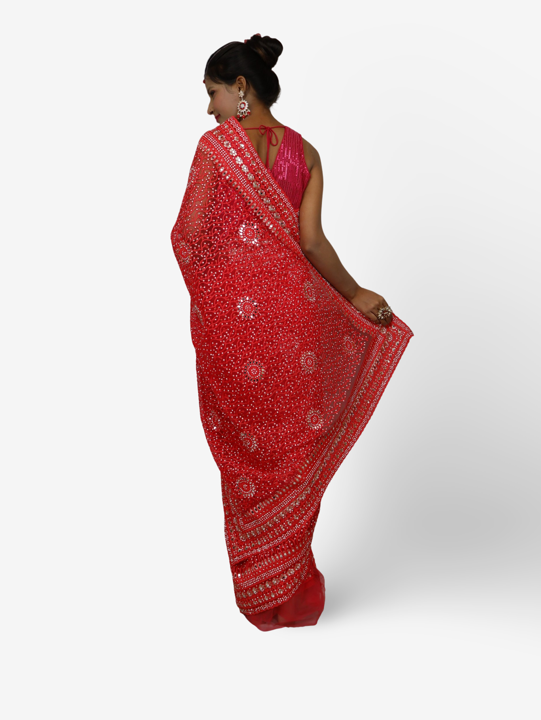 Designer Net Fabric Mirror & Stone Work Shreekama Red Designer Sarees for Party Festival Wedding Occasion in Noida