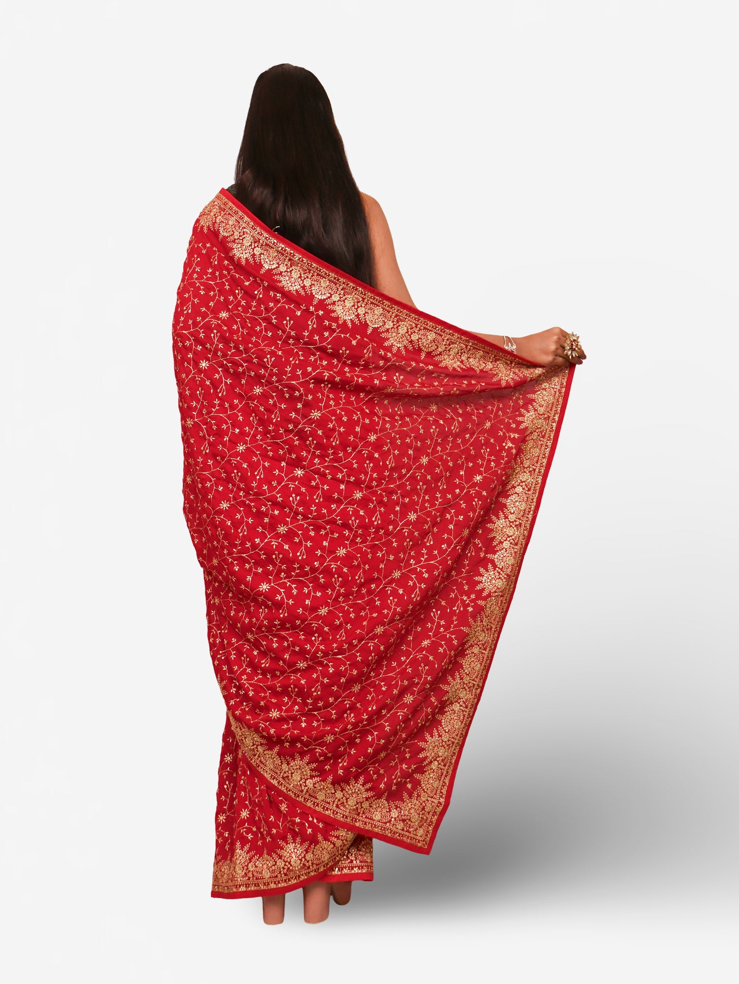 Designer Saree with Kundan & Embroidery Work by Shreekama Red Designer Sarees for Party Festival Wedding Occasion in Noida