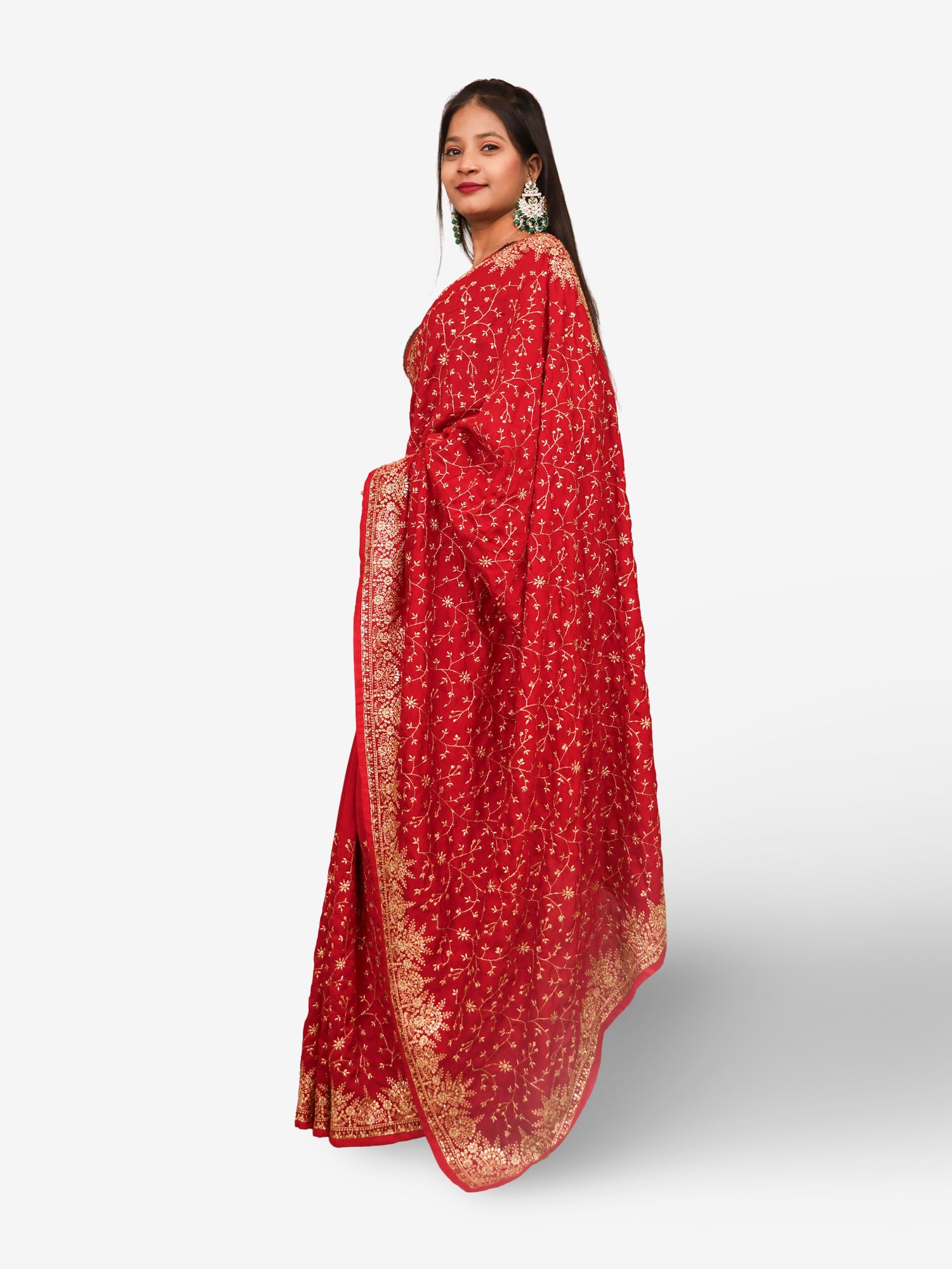 Designer Saree with Kundan & Embroidery Work by Shreekama Red Designer Sarees for Party Festival Wedding Occasion in Noida