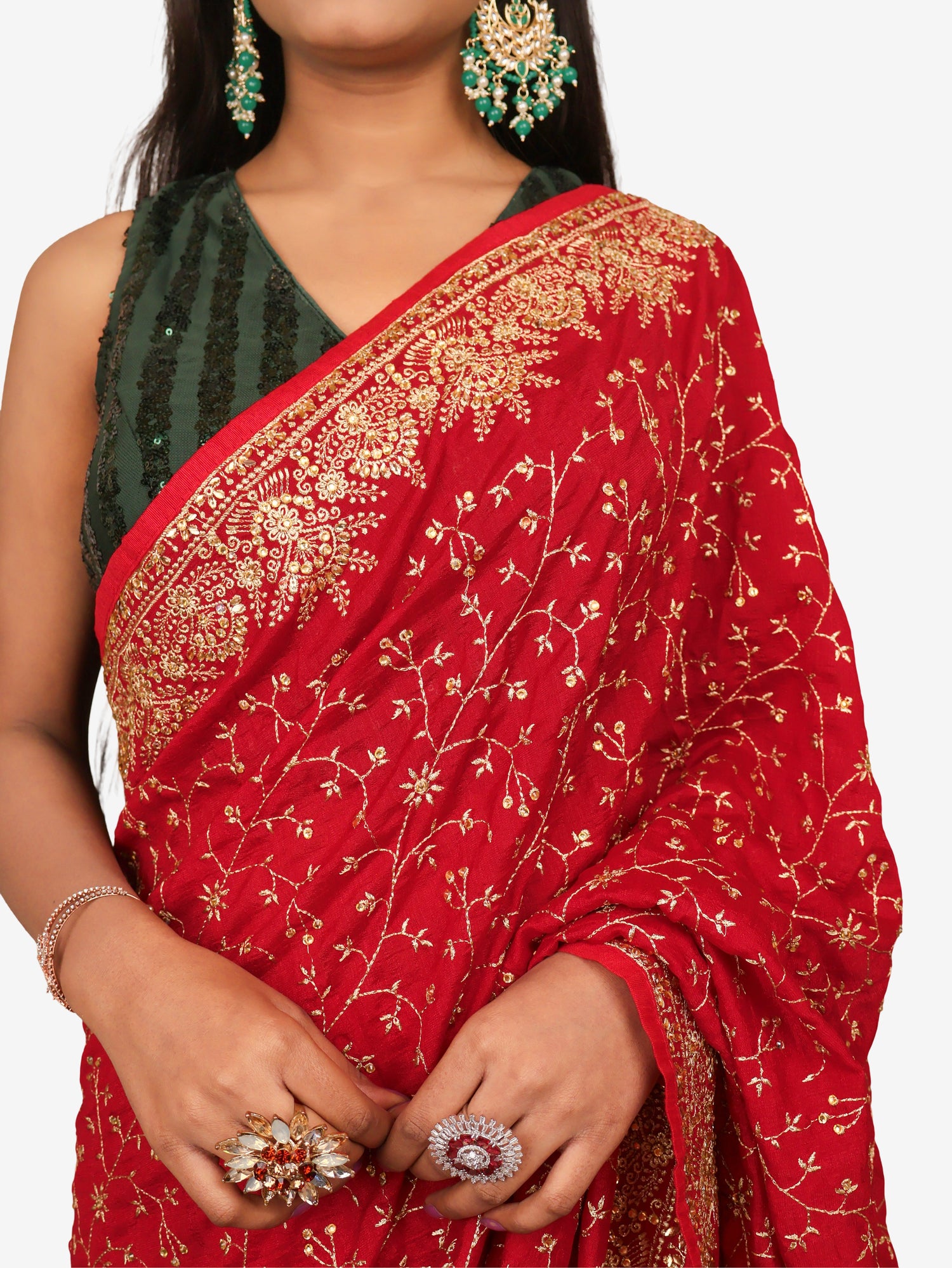 Designer Saree with Kundan & Embroidery Work by Shreekama Red Designer Sarees for Party Festival Wedding Occasion in Noida