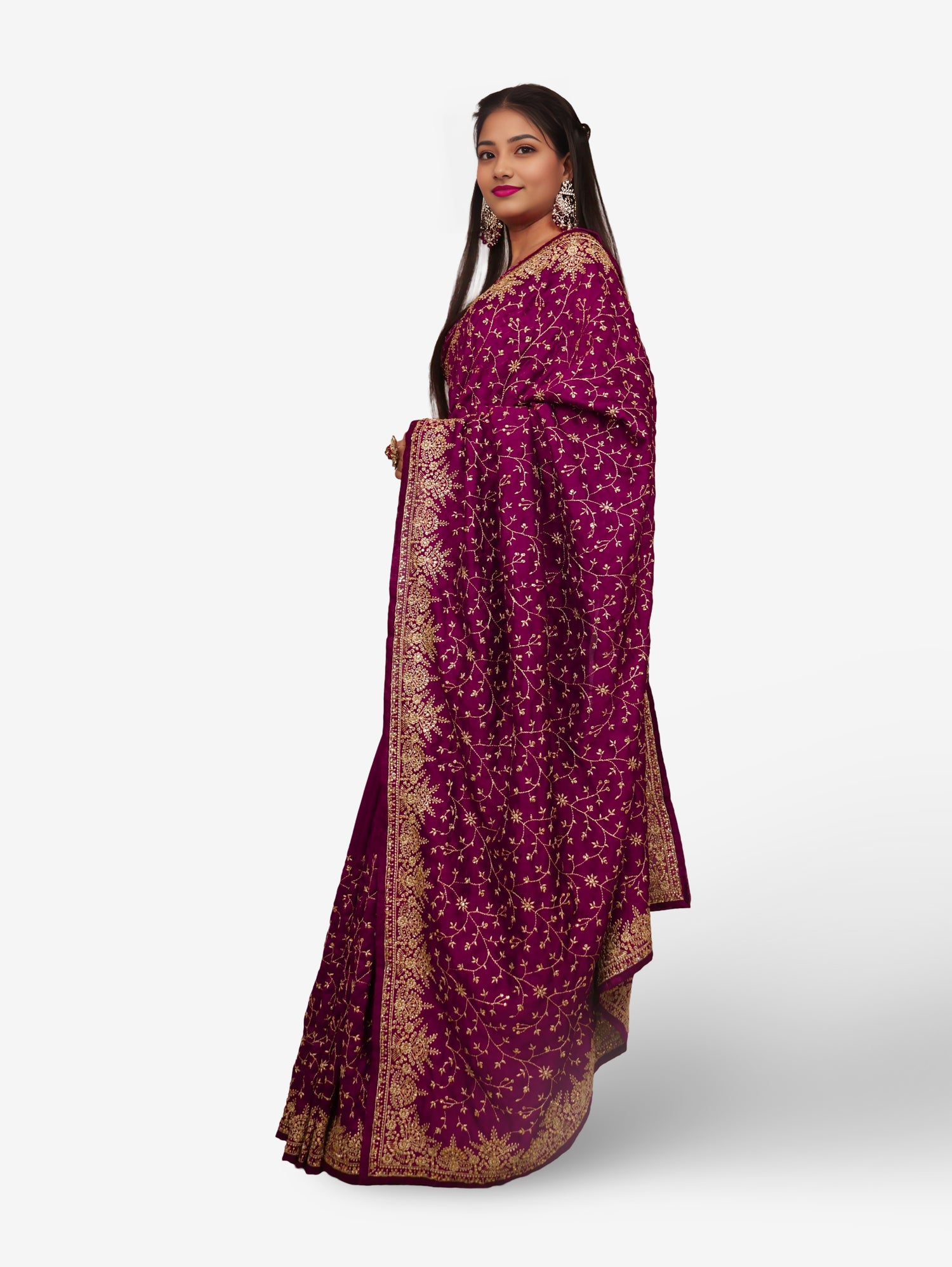 Designer Saree with Kundan & Embroidery Work by Shreekama Wine Designer Sarees for Party Festival Wedding Occasion in Noida