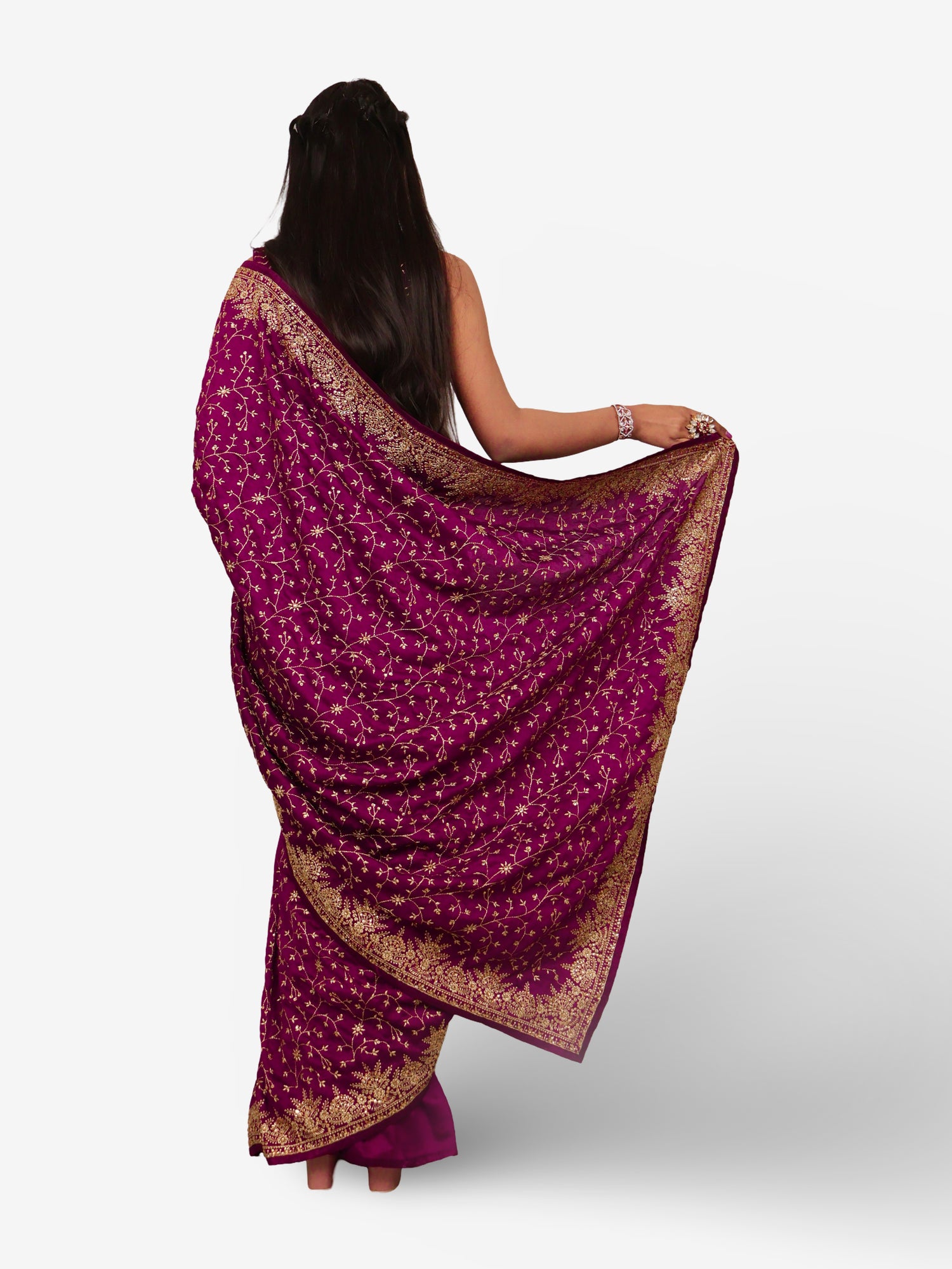 Designer Saree with Kundan & Embroidery Work by Shreekama Wine Designer Sarees for Party Festival Wedding Occasion in Noida