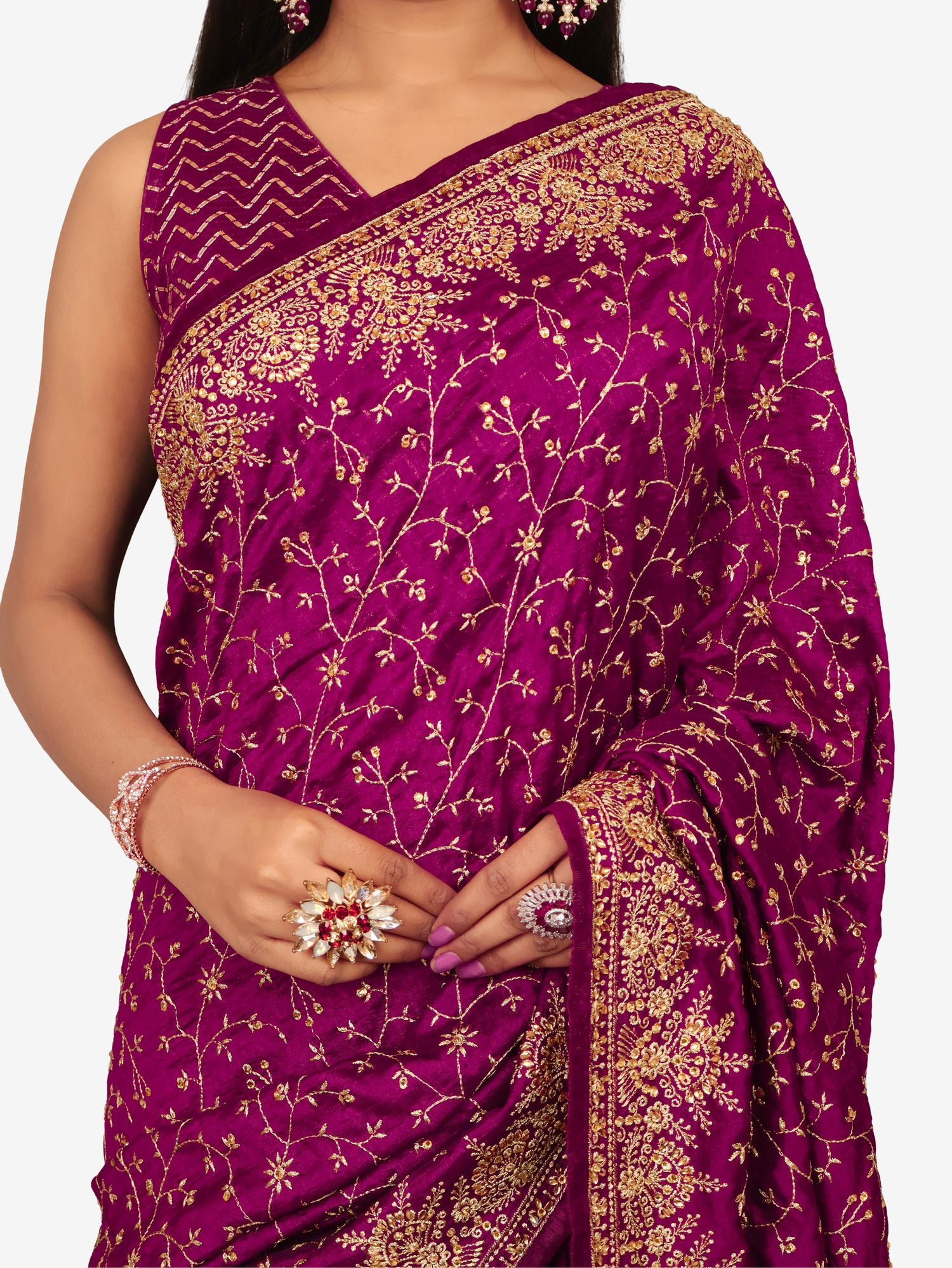 Designer Saree with Kundan & Embroidery Work by Shreekama Wine Designer Sarees for Party Festival Wedding Occasion in Noida