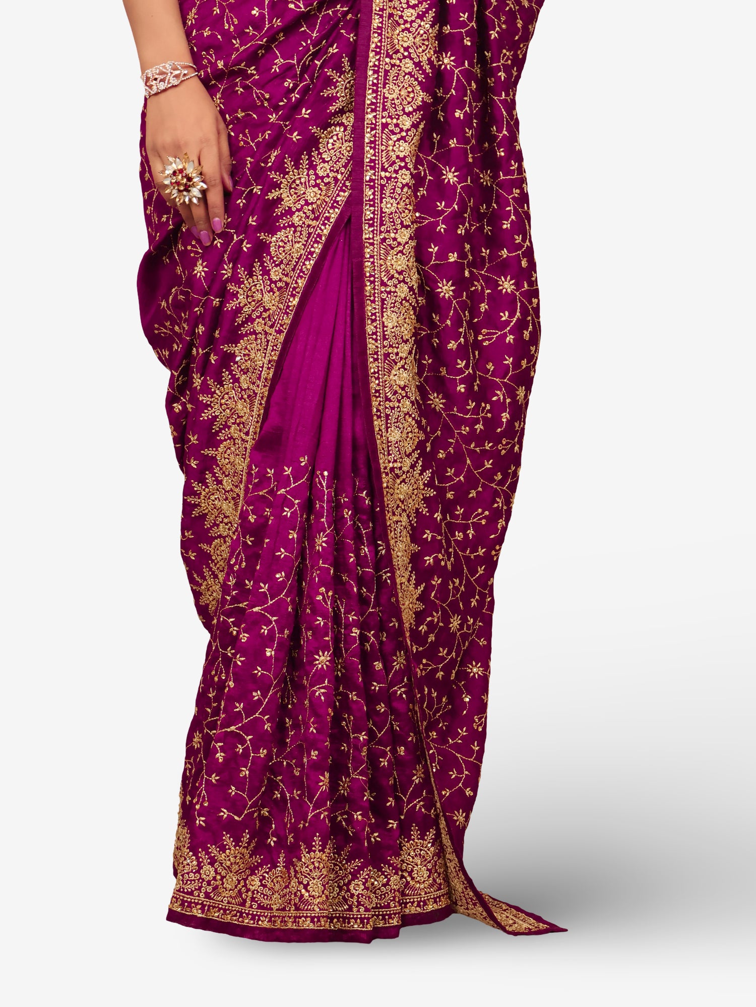 Designer Saree with Kundan & Embroidery Work by Shreekama Wine Designer Sarees for Party Festival Wedding Occasion in Noida