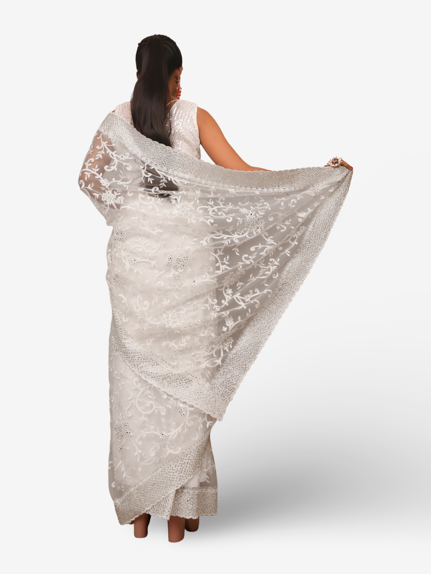 Designer Saree with Kundan & Heavy Thread Work Embroidery Work by Shreekama White Designer Sarees for Party Festival Wedding Occasion in Noida