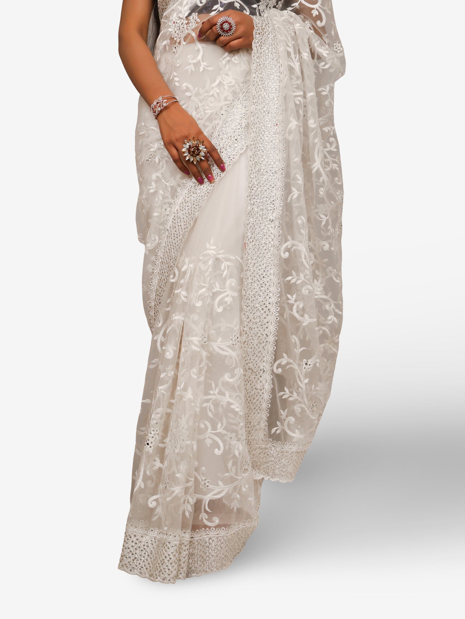 Designer Saree with Kundan & Heavy Thread Work Embroidery Work by Shreekama White Designer Sarees for Party Festival Wedding Occasion in Noida