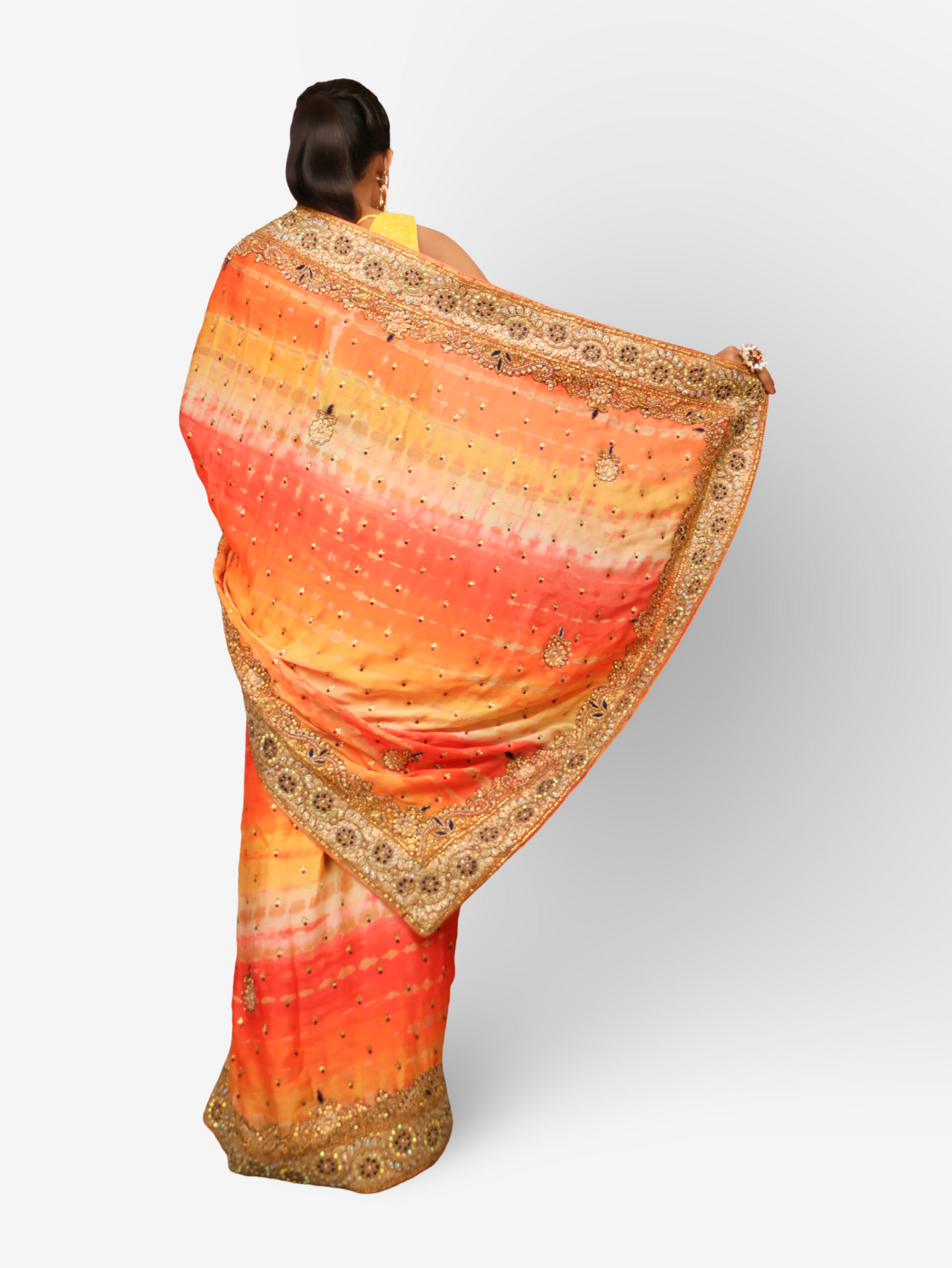 Designer Saree with Kundan & Cut Dana Work by Shreekama Orange Multi Designer Sarees for Party Festival Wedding Occasion in Noida