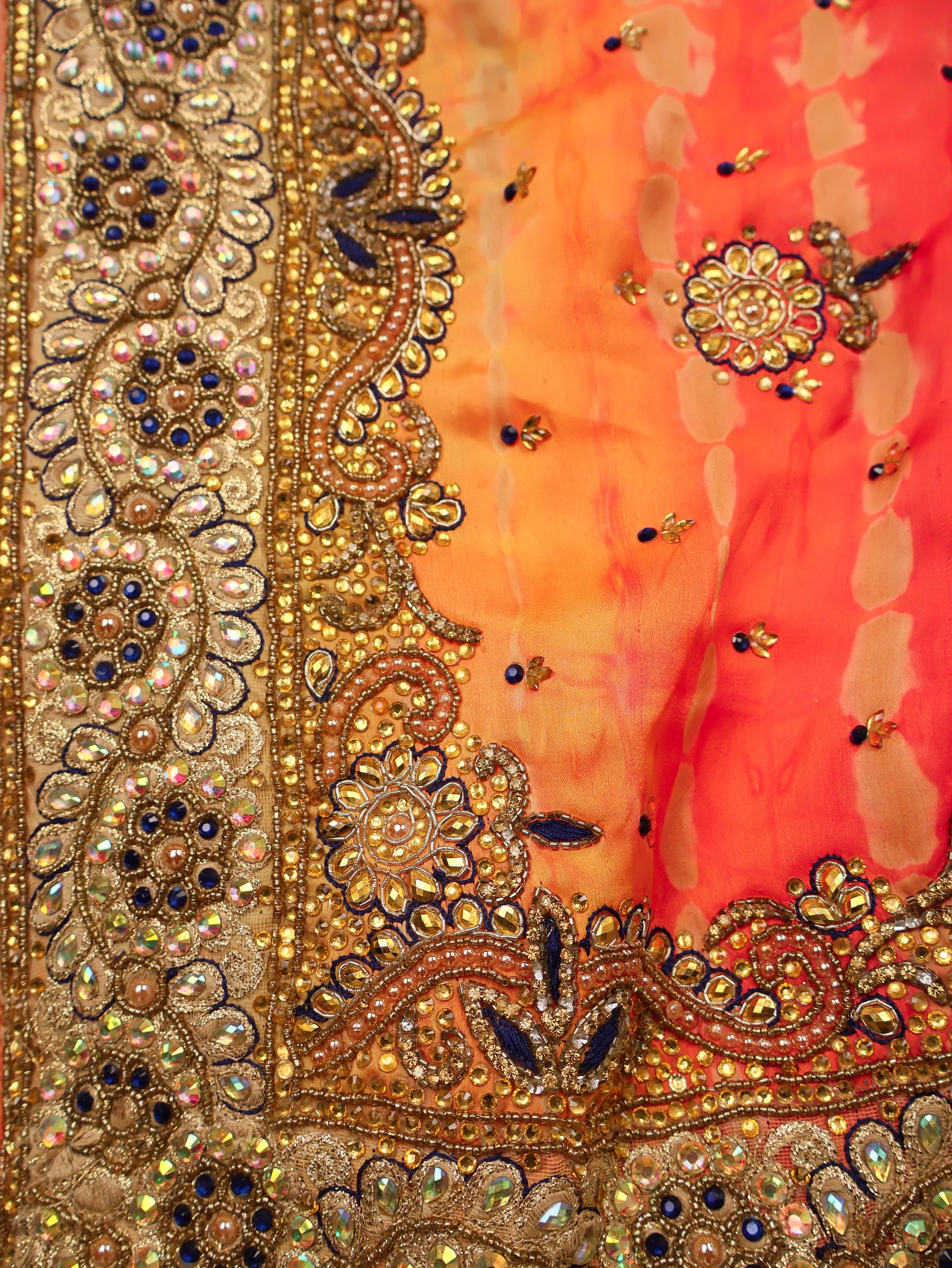 Designer Saree with Kundan & Cut Dana Work by Shreekama Orange Multi Designer Sarees for Party Festival Wedding Occasion in Noida