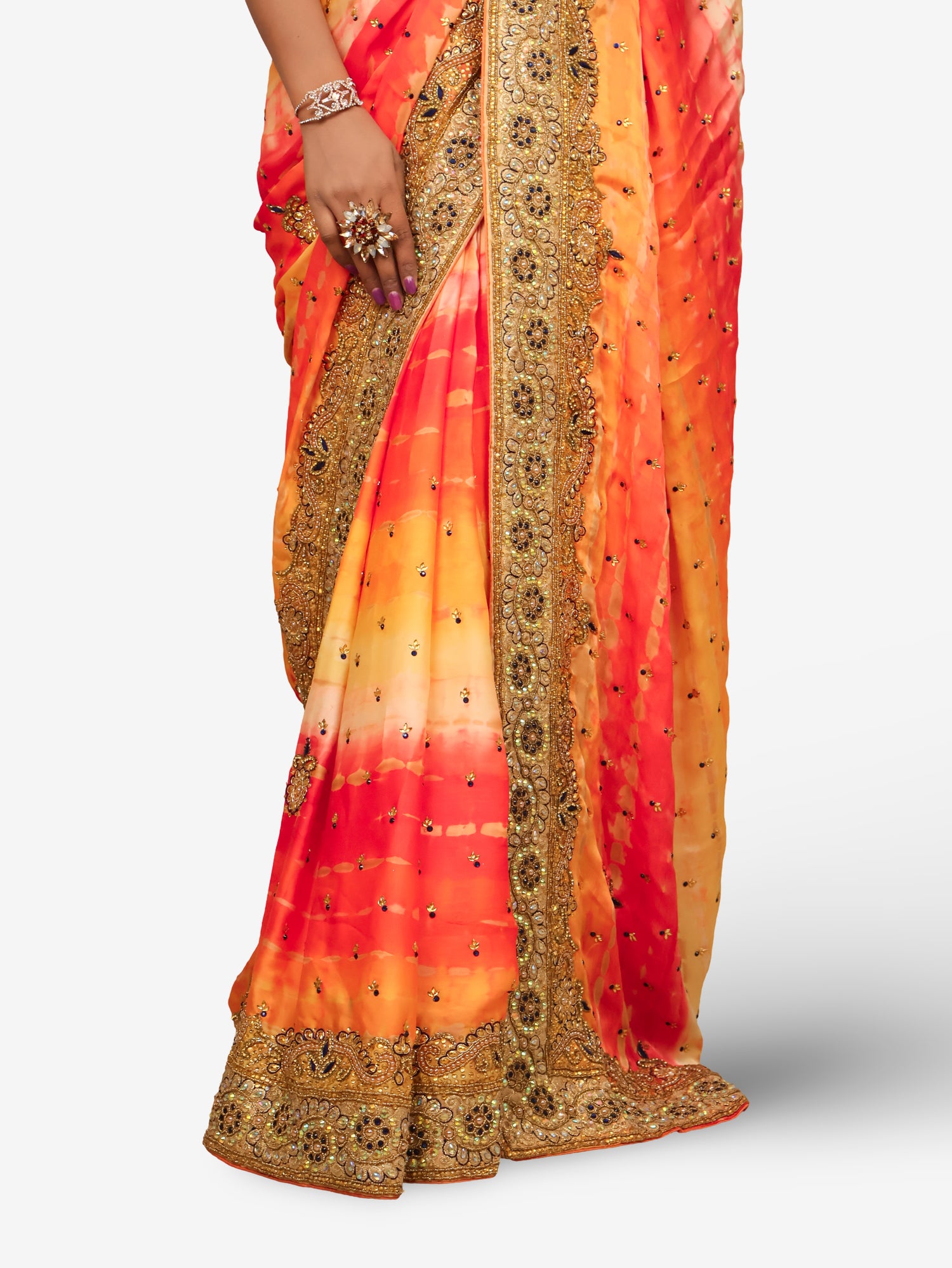 Designer Saree with Kundan & Cut Dana Work by Shreekama Orange Multi Designer Sarees for Party Festival Wedding Occasion in Noida