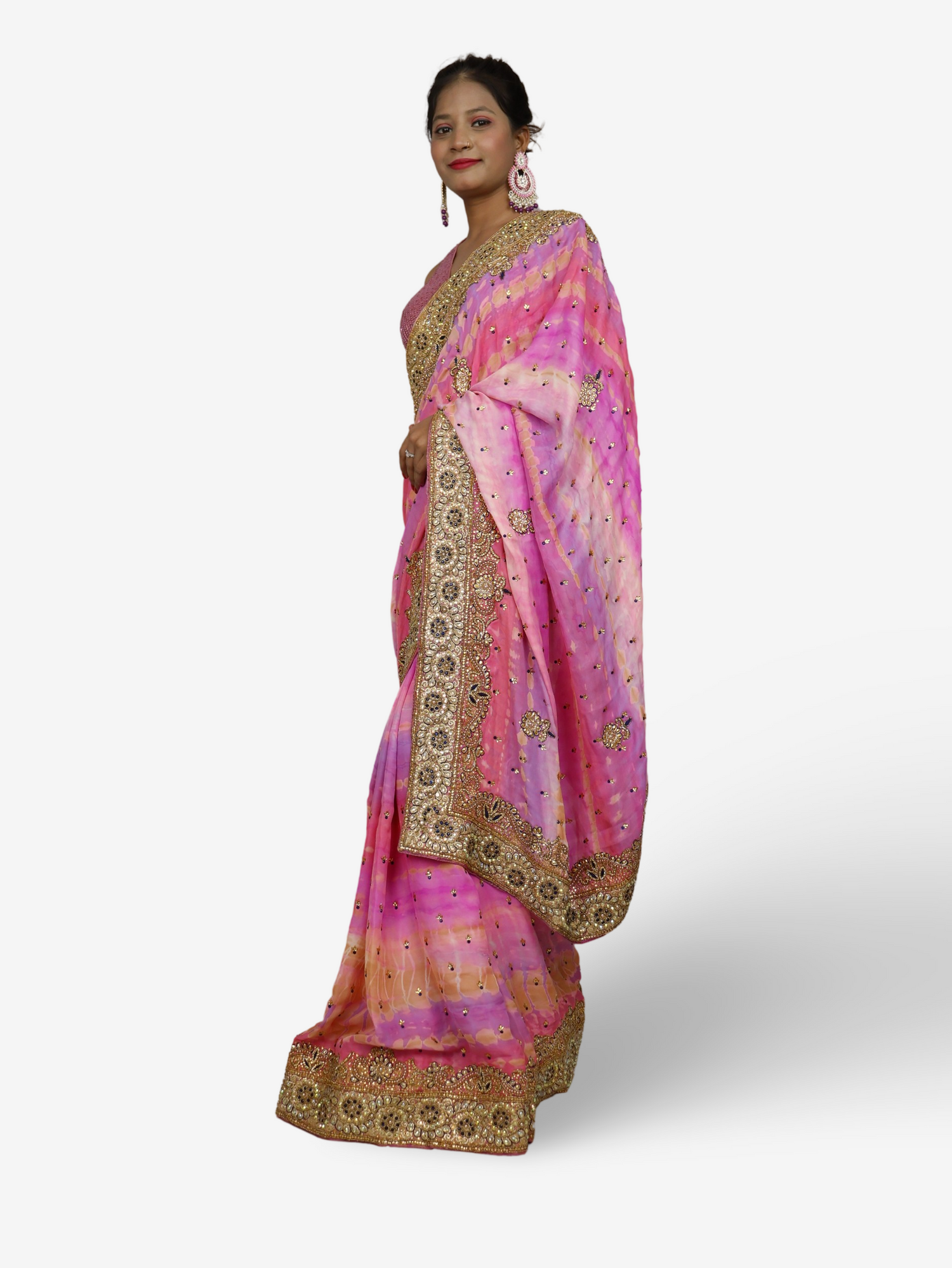 Designer Saree with Kundan & Cut Dana Work by Shreekama Pink Multi Designer Sarees for Party Festival Wedding Occasion in Noida