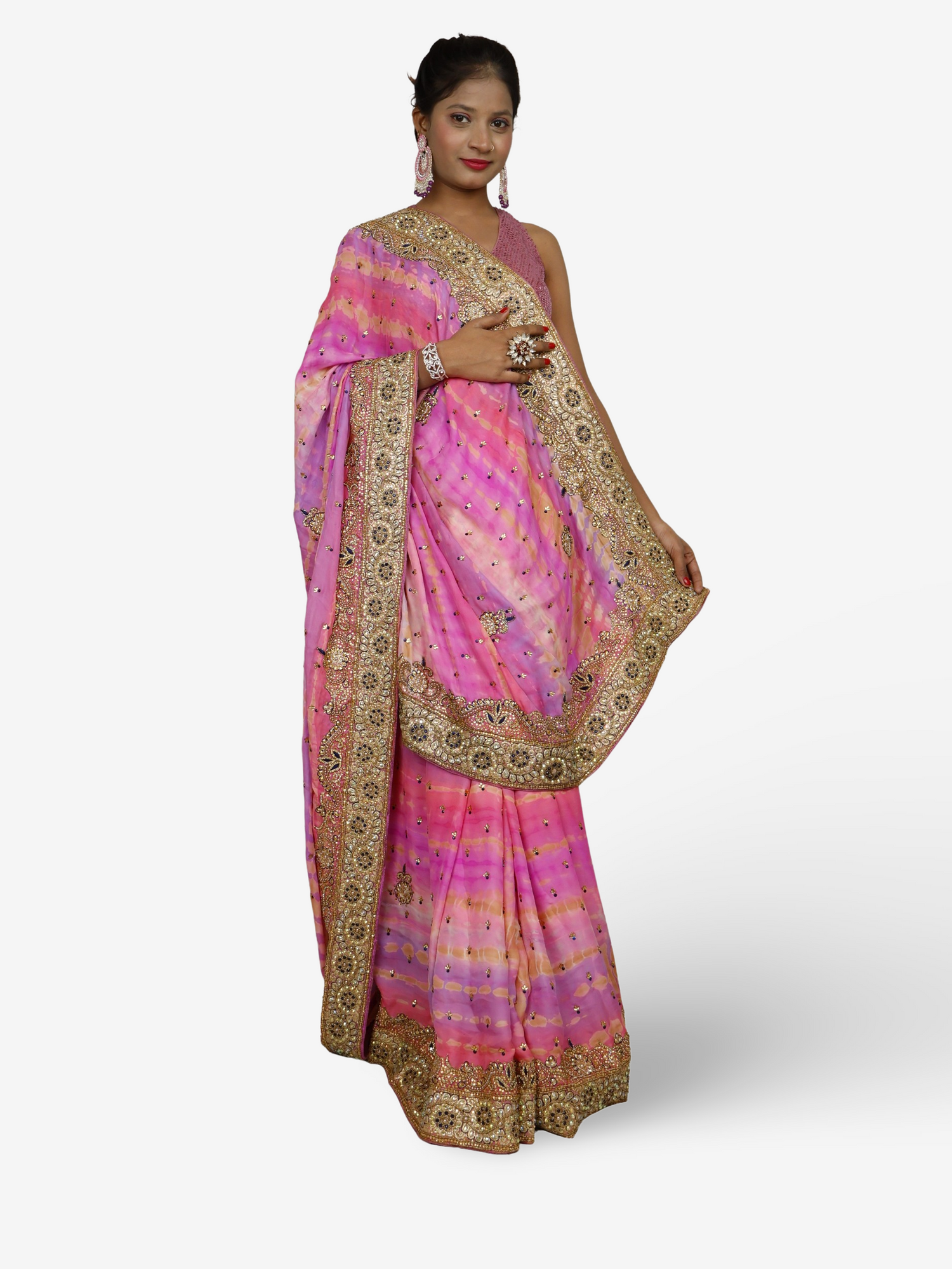 Designer Saree with Kundan & Cut Dana Work by Shreekama Pink Multi Designer Sarees for Party Festival Wedding Occasion in Noida