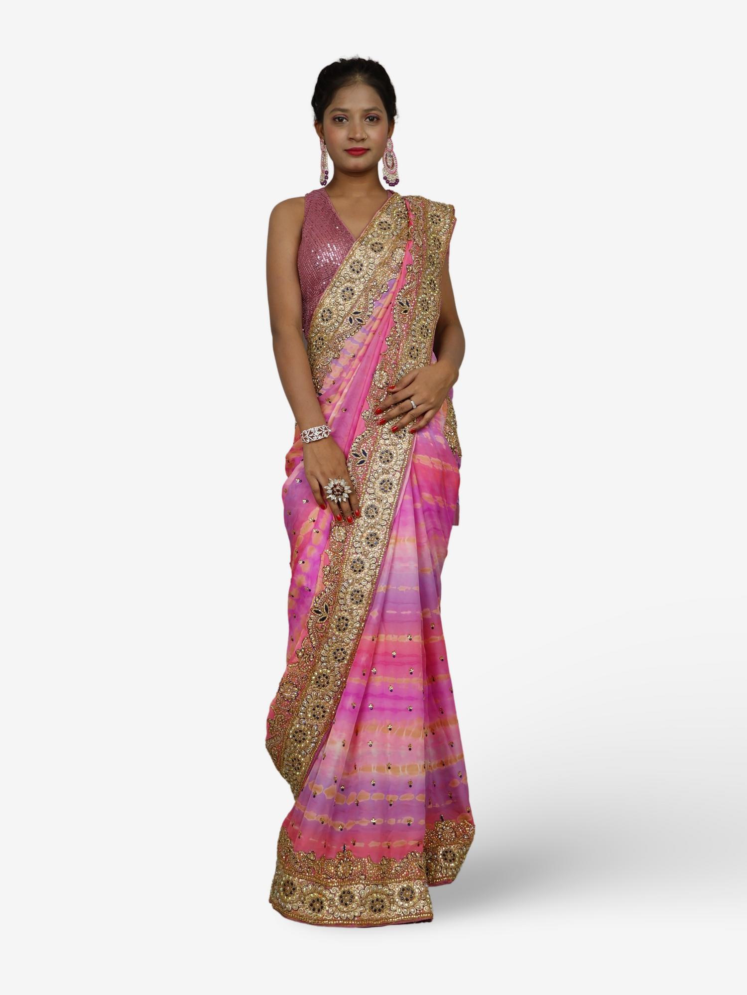 Designer Saree with Kundan & Cut Dana Work by Shreekama Pink Multi Designer Sarees for Party Festival Wedding Occasion in Noida